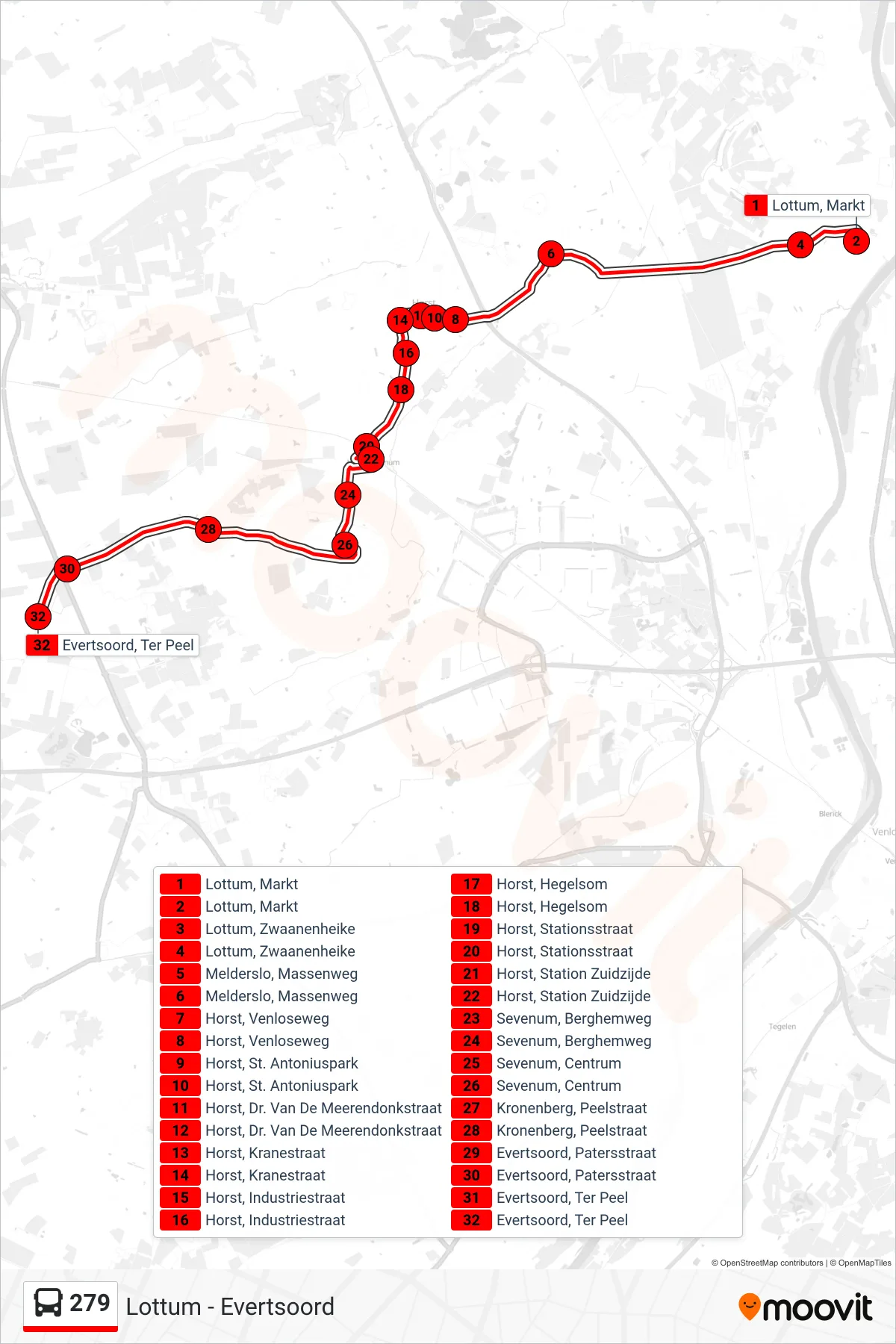 279 bus Line (Evertsoord) route and stops on a map