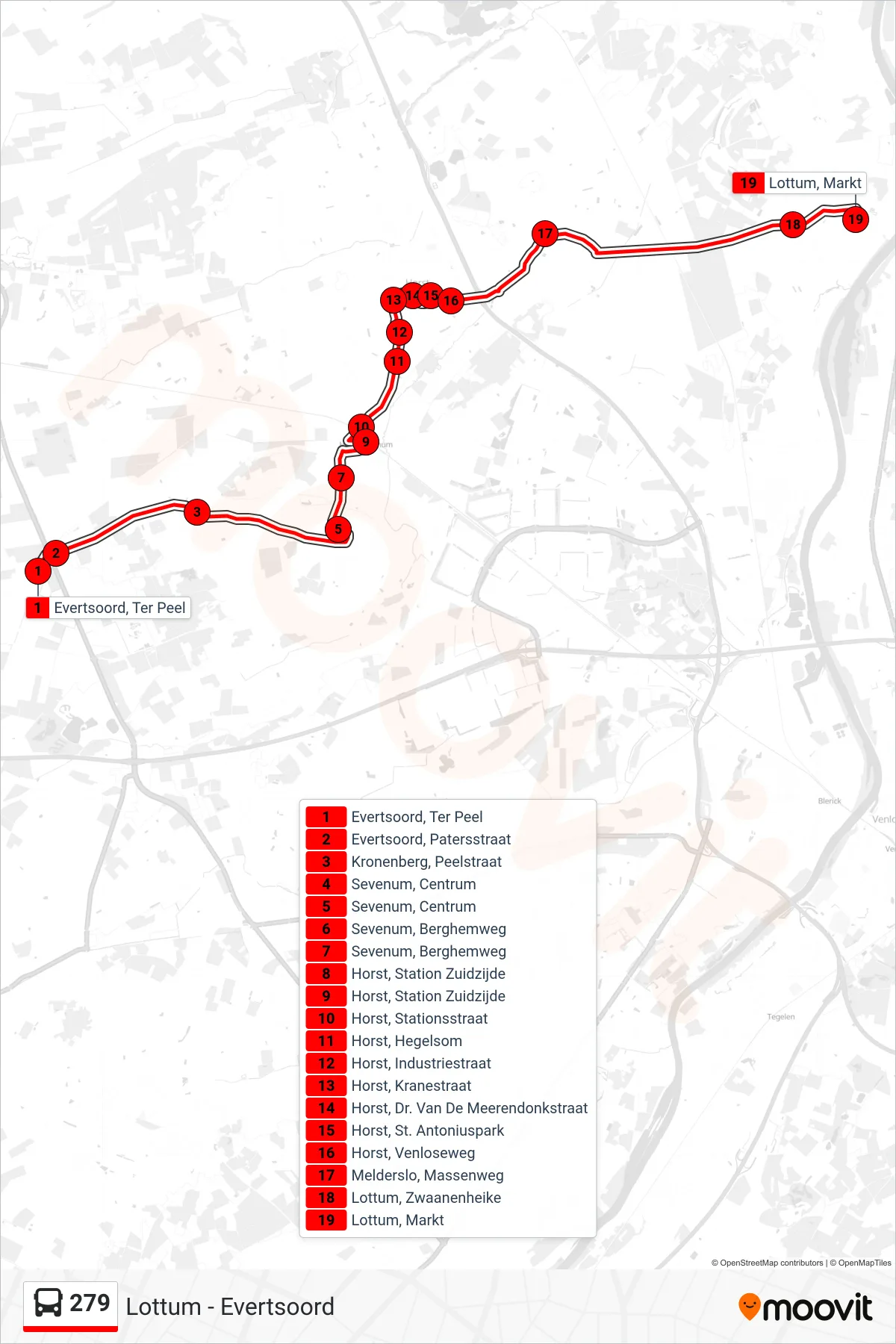 Lijn 279 (bus, Lottum): route en haltes op de kaart