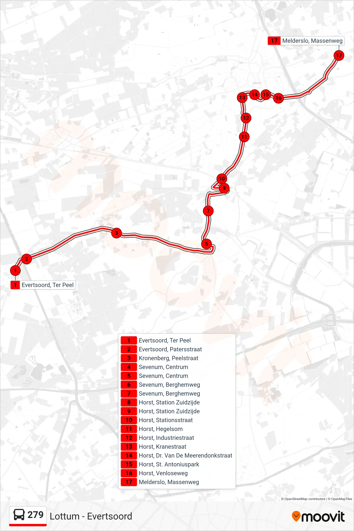 279 bus Line (Melderslo) route and stops on a map