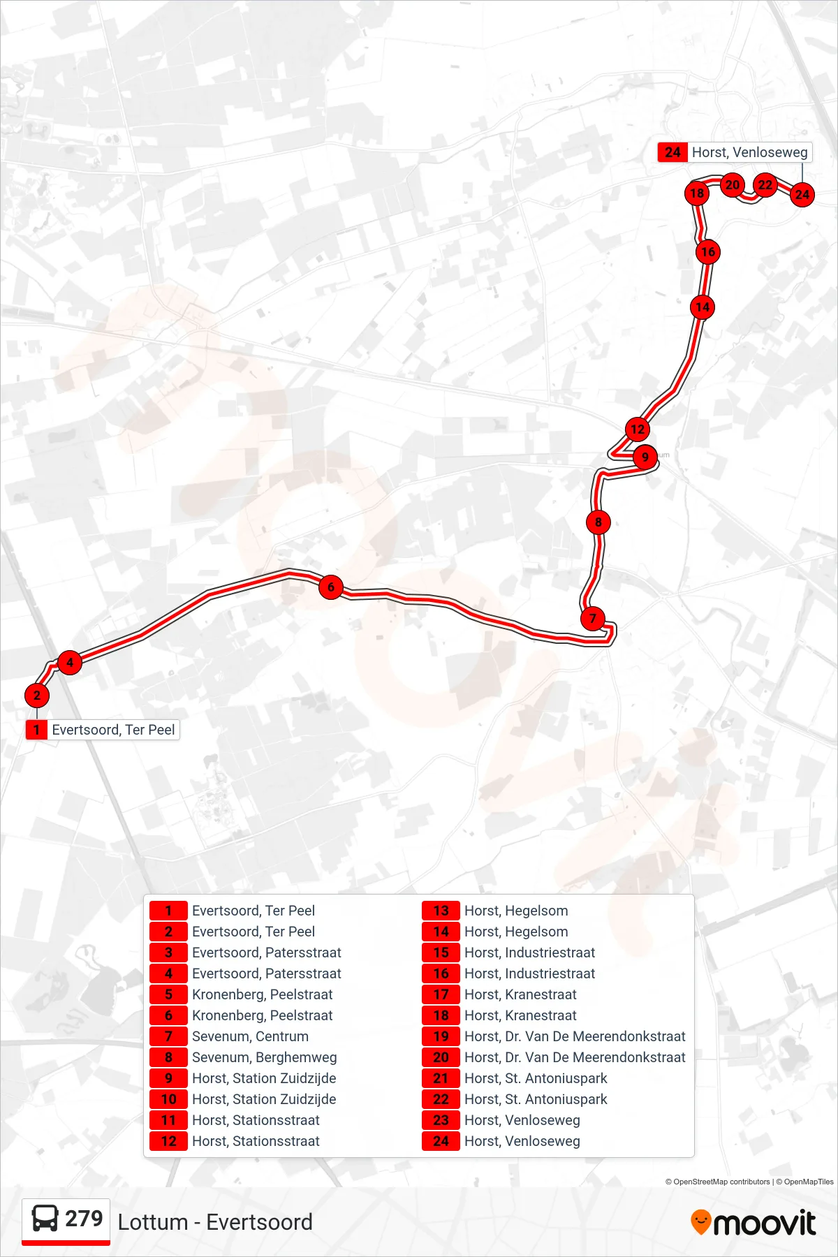 279 bus Line (Horst) route and stops on a map