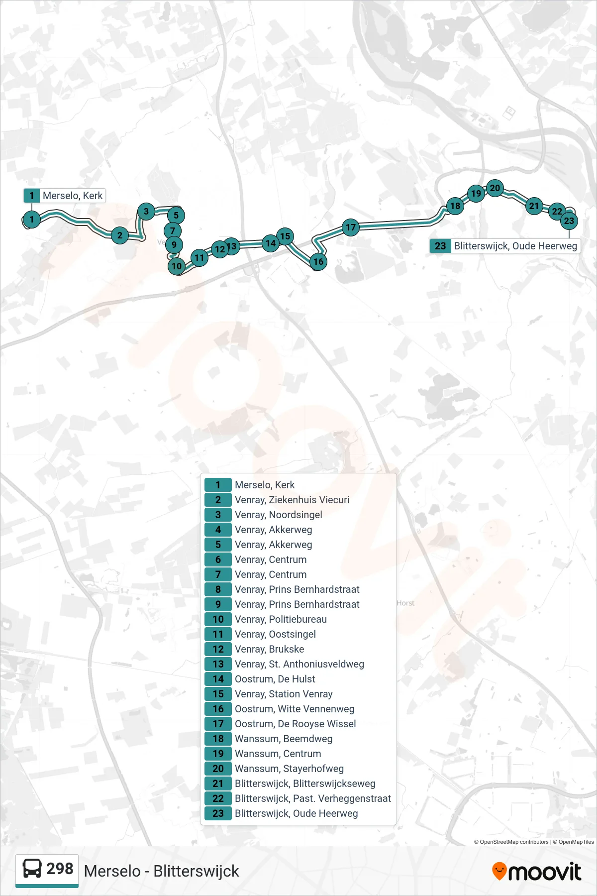 298 bus Line (Blitterswijck) route and stops on a map