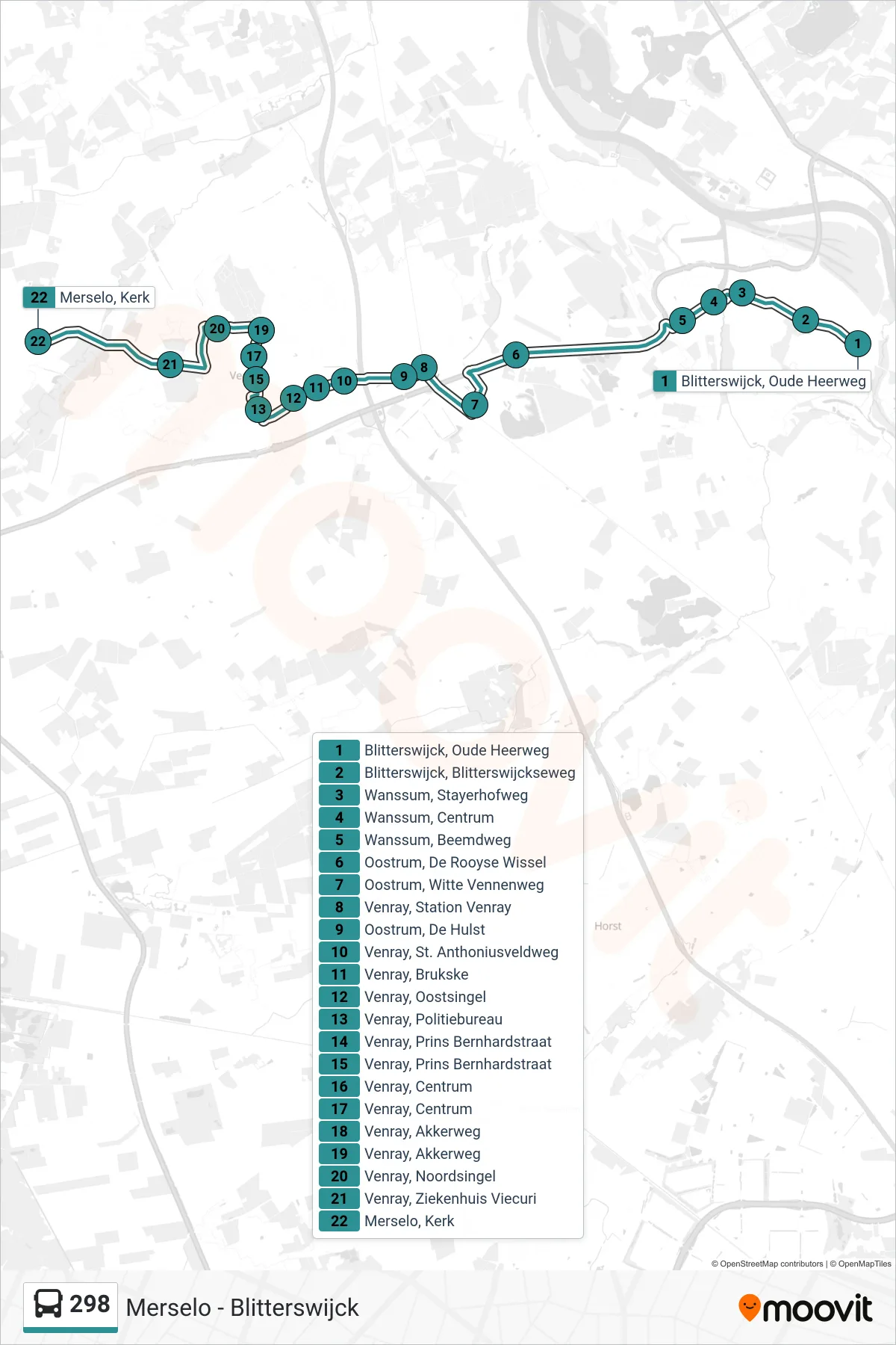 298 bus Line (Merselo) route and stops on a map