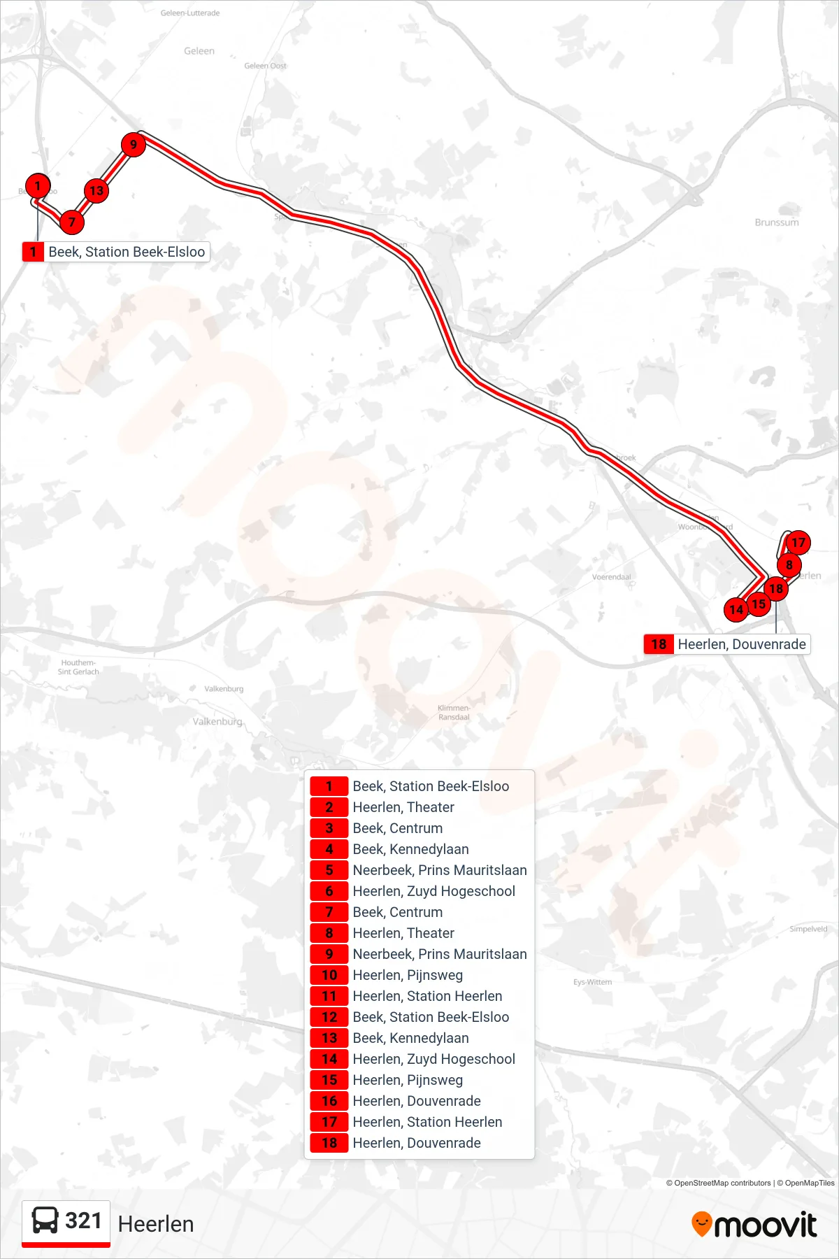 Lijn 321 (bus, Heerlen): route en haltes op de kaart