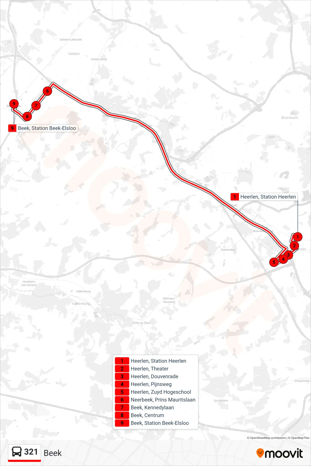 321 bus Line (Beek) route and stops on a map