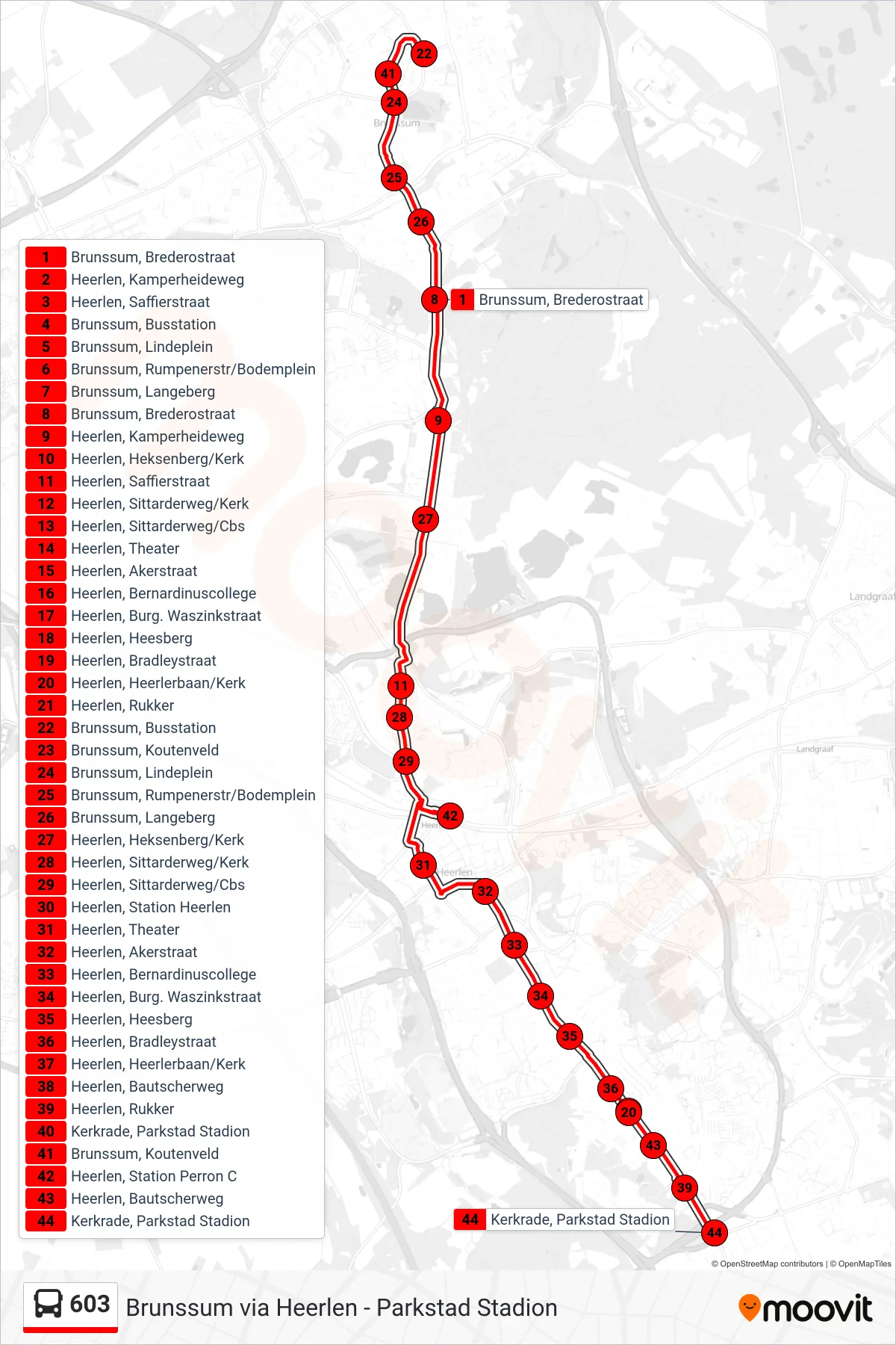 Lijn 603 (bus, Parkstad Stadion): route en haltes op de kaart