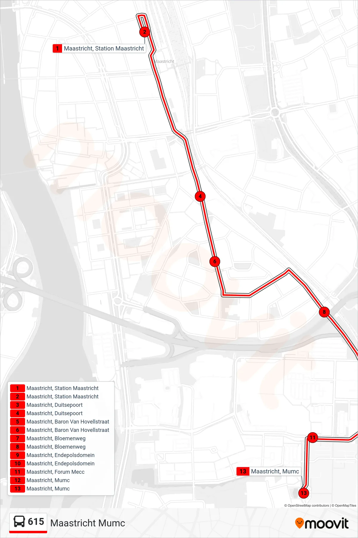 Lijn 615 (bus, Maastricht Mumc): route en haltes op de kaart
