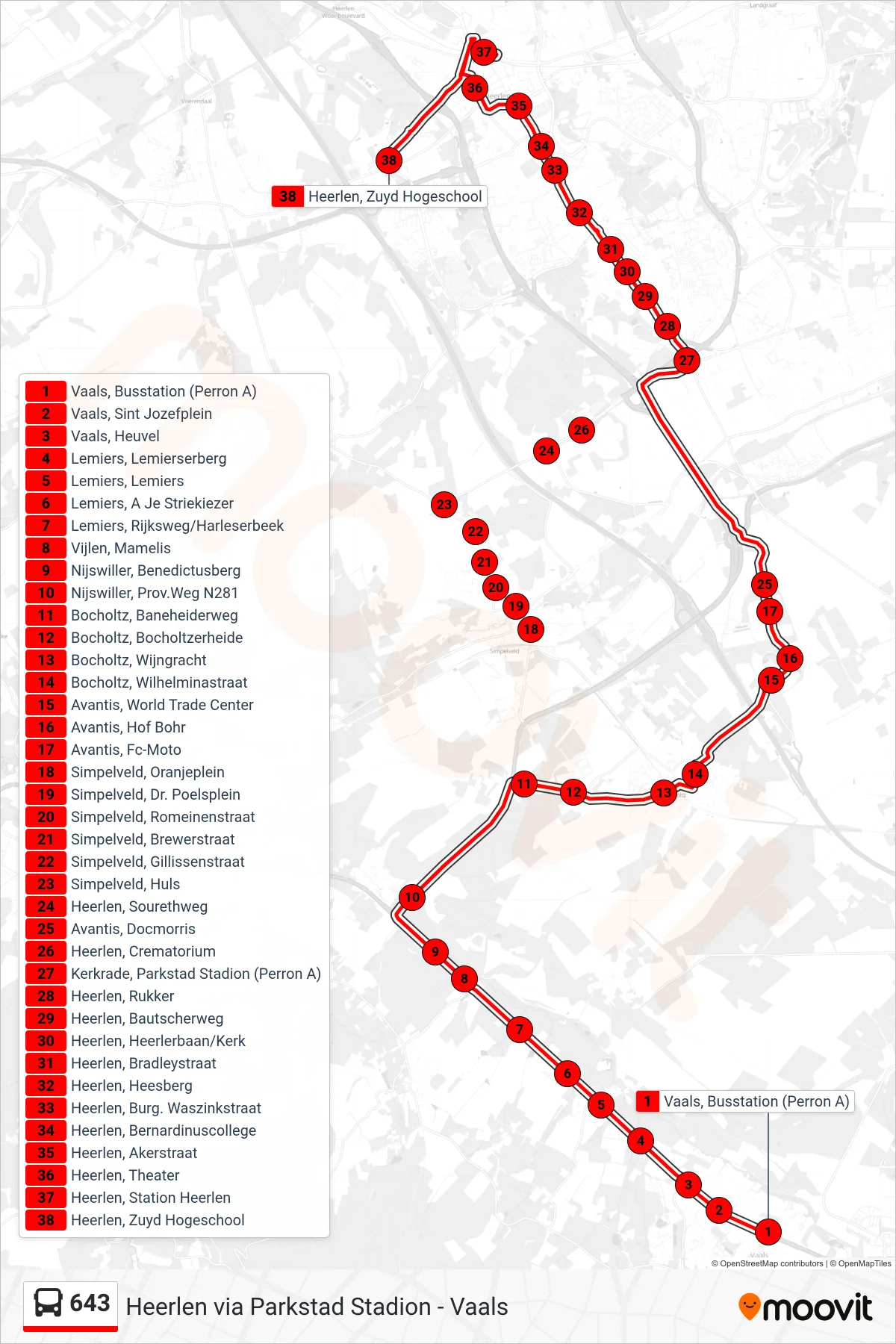Lijn 643 (bus, Heerlen): route en haltes op de kaart