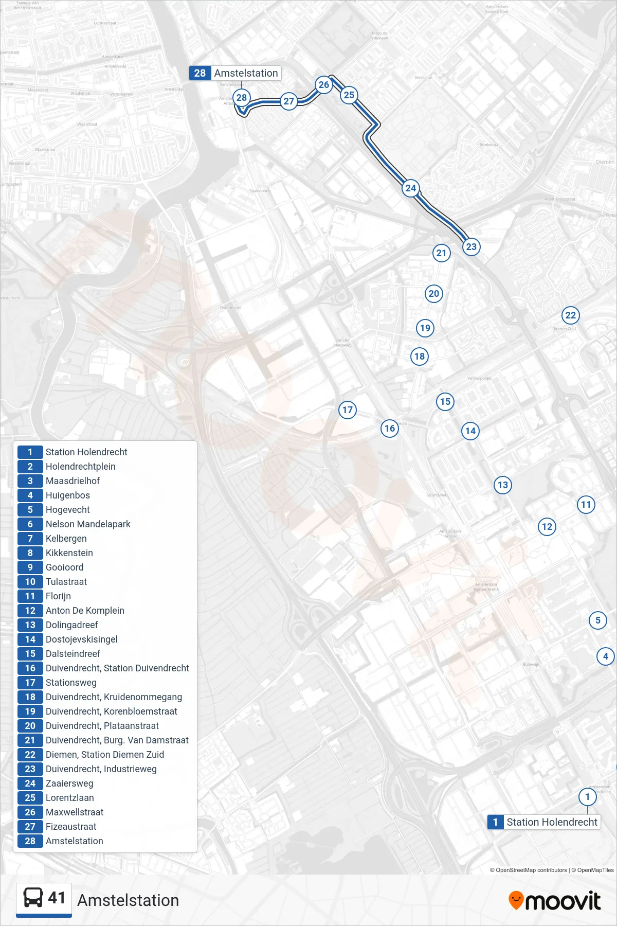 Lijn 41 (bus, Amstelstation): route en haltes op de kaart