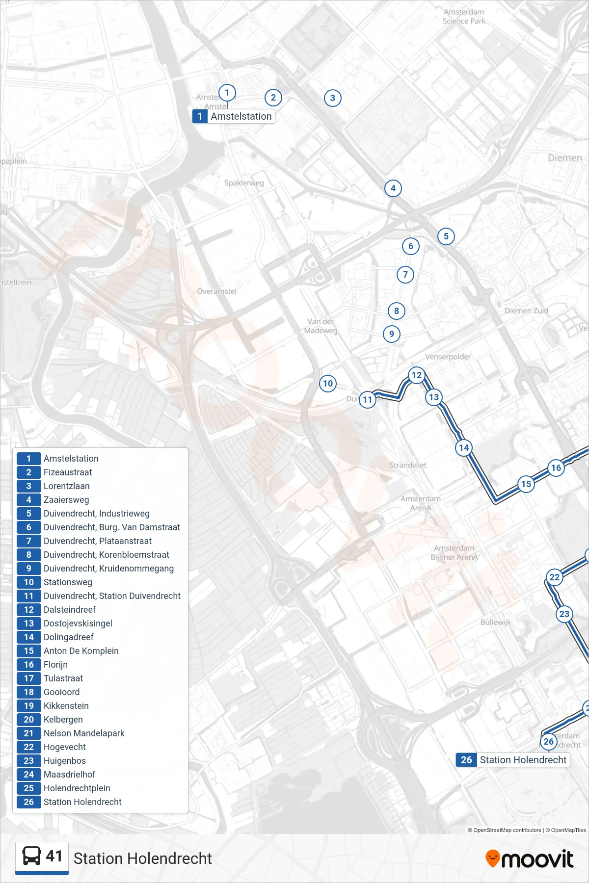 Lijn 41 (bus, Station Holendrecht): route en haltes op de kaart