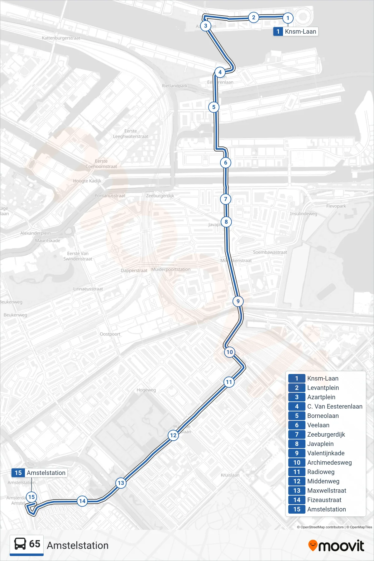 Lijn 65 (bus, Amstelstation): route en haltes op de kaart