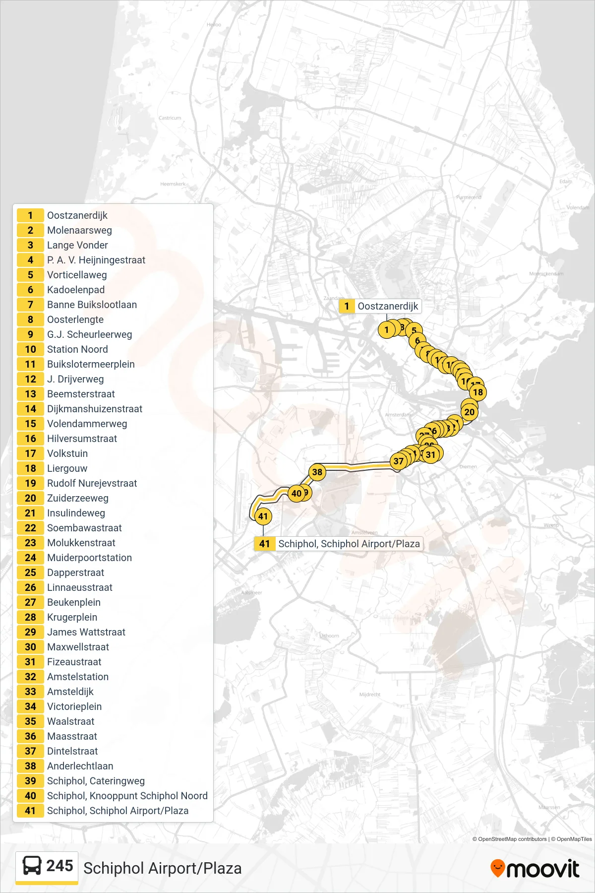 Lijn 245 (bus, Schiphol Airport/Plaza): route en haltes op de kaart