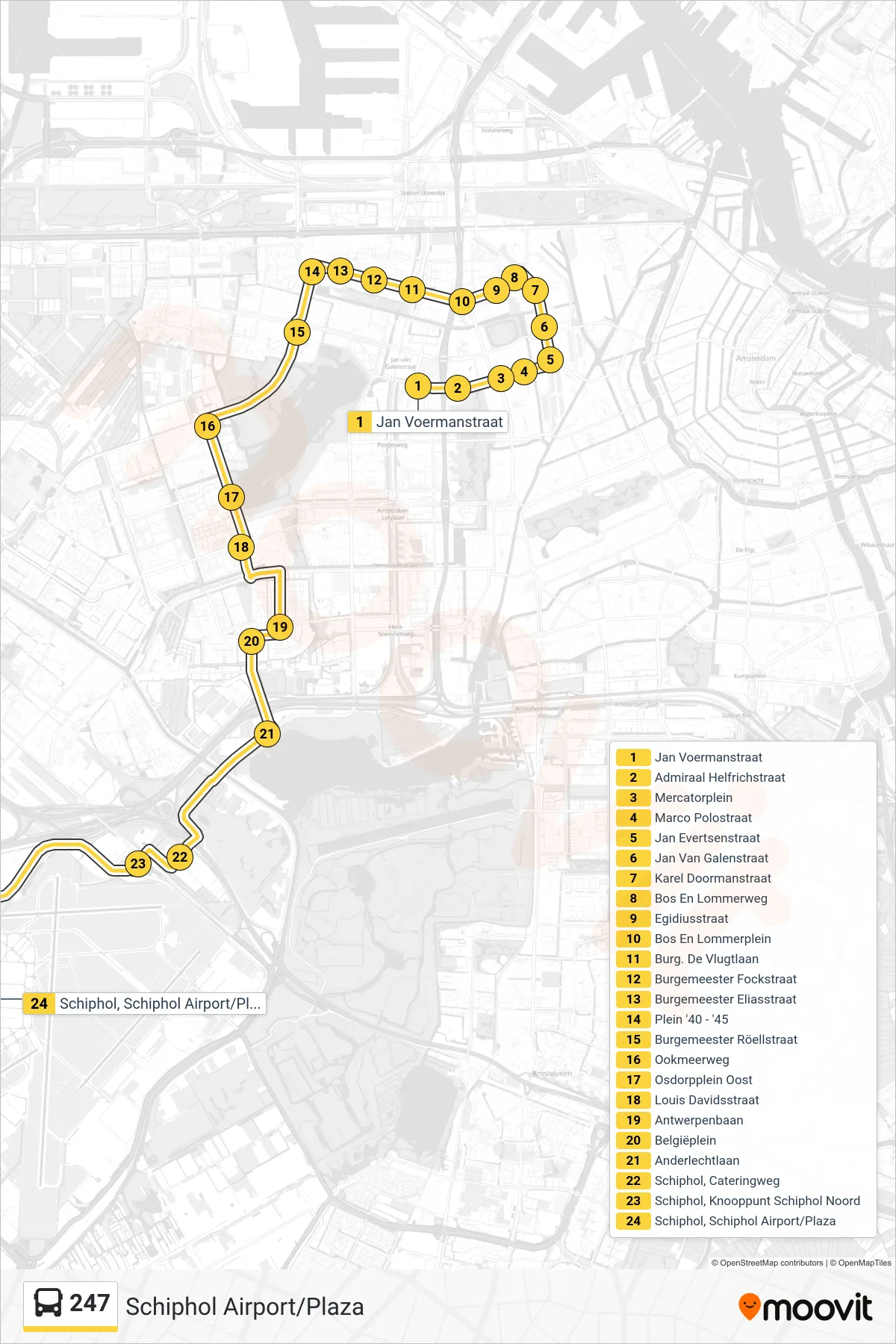 Lijn 247 (bus, Schiphol Airport/Plaza): route en haltes op de kaart