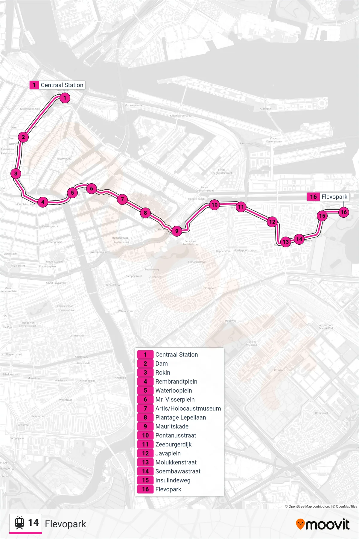 Lijn 14 (tram, Flevopark): route en haltes op de kaart