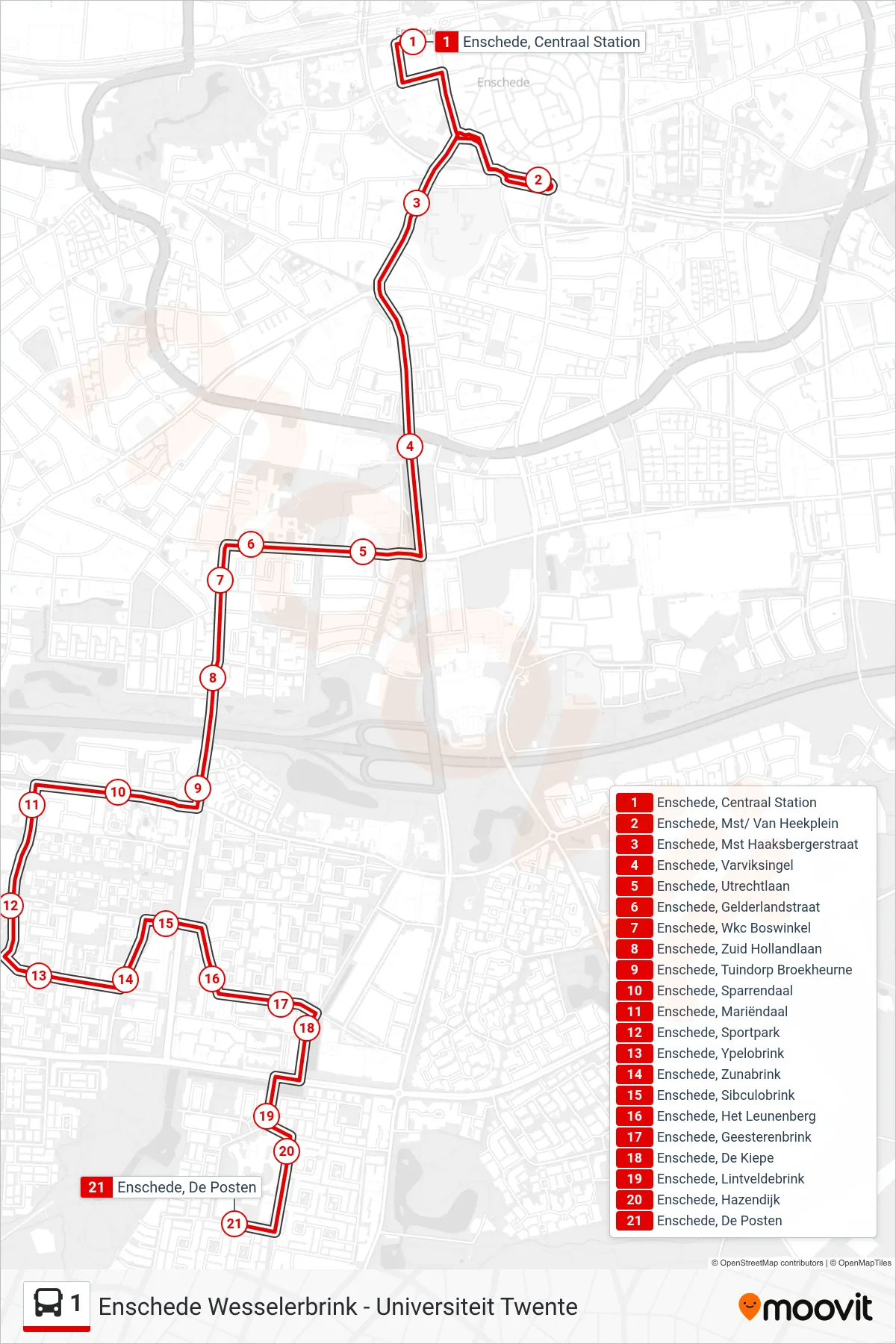 Lijn 1 (bus, Wesselerbrink-Zuid): route en haltes op de kaart