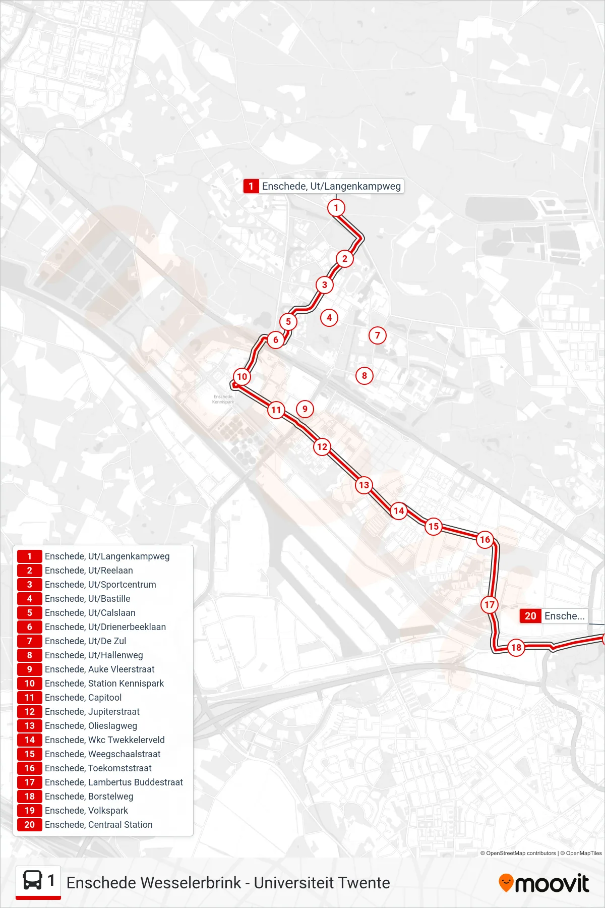 1 bus Line (Centraal Station) route and stops on a map