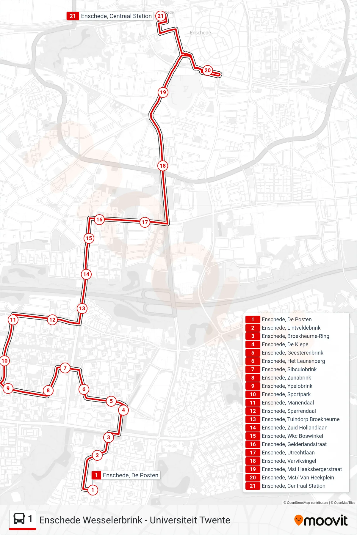 1 bus Line (Centraal Station) route and stops on a map