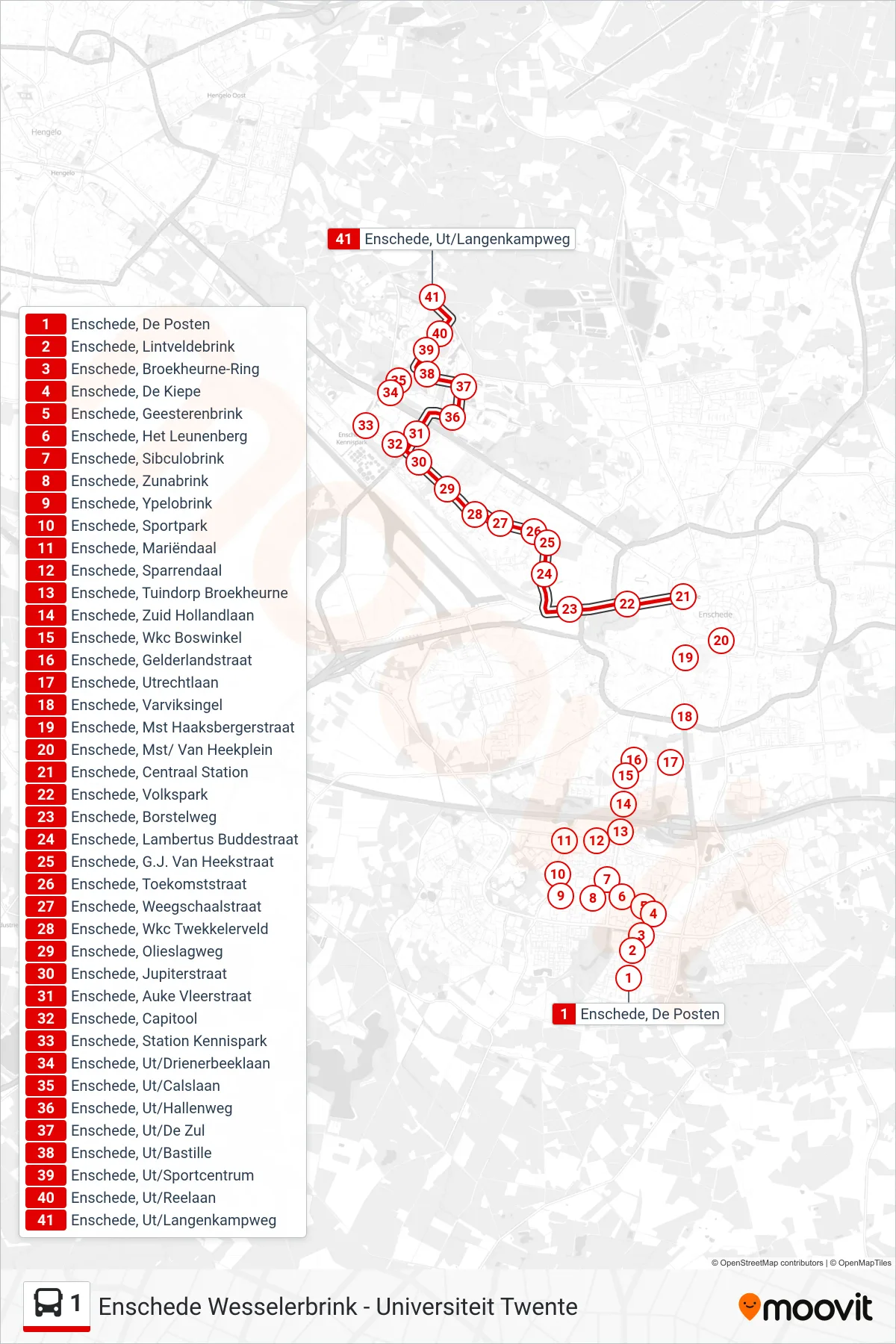 Lijn 1 (bus, Universiteit): route en haltes op de kaart
