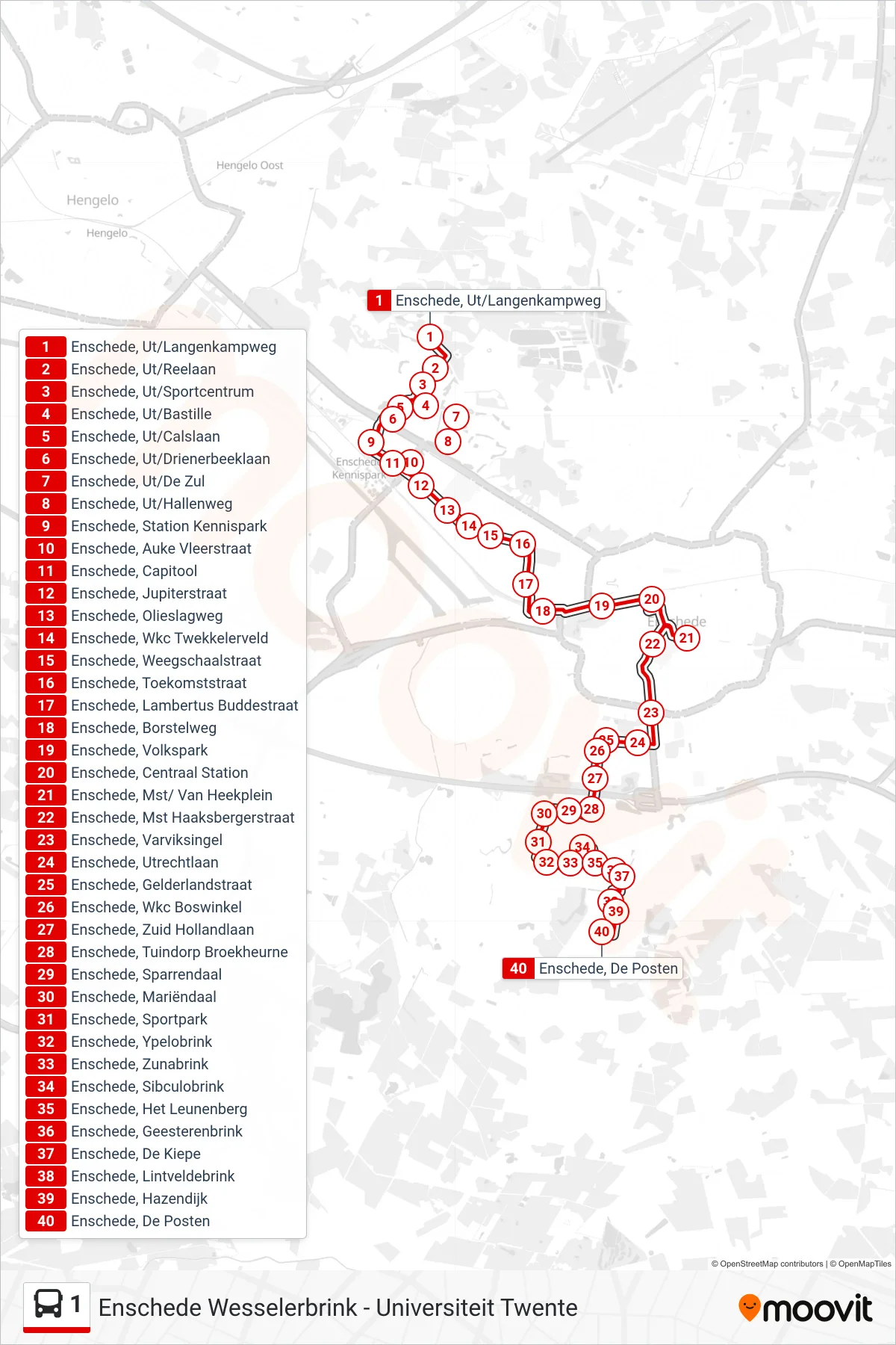 1 bus Line (Wesselerbrink) route and stops on a map