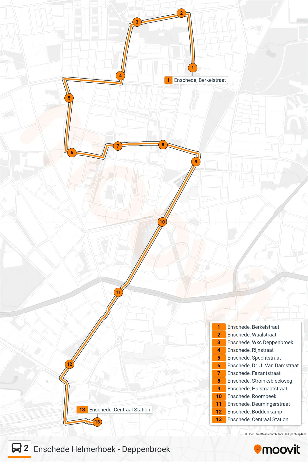 2 bus Line (Centraal Station) route and stops on a map