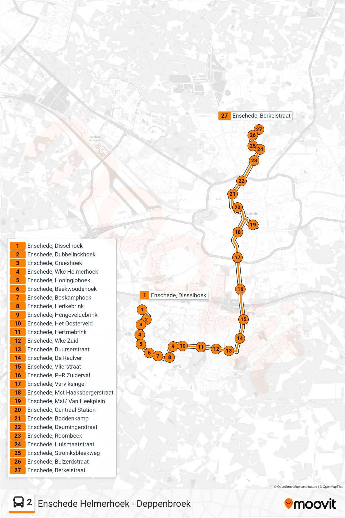 2 bus Line (Deppenbroek) route and stops on a map