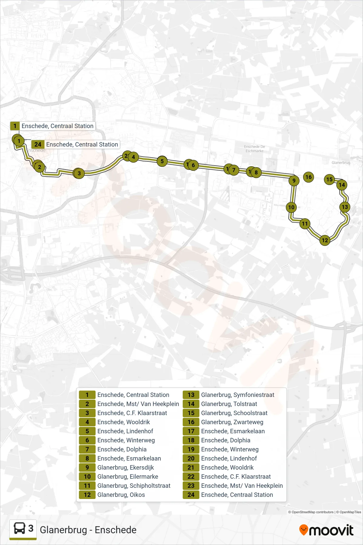 Lijn 3 (bus, Glanerbrug): route en haltes op de kaart