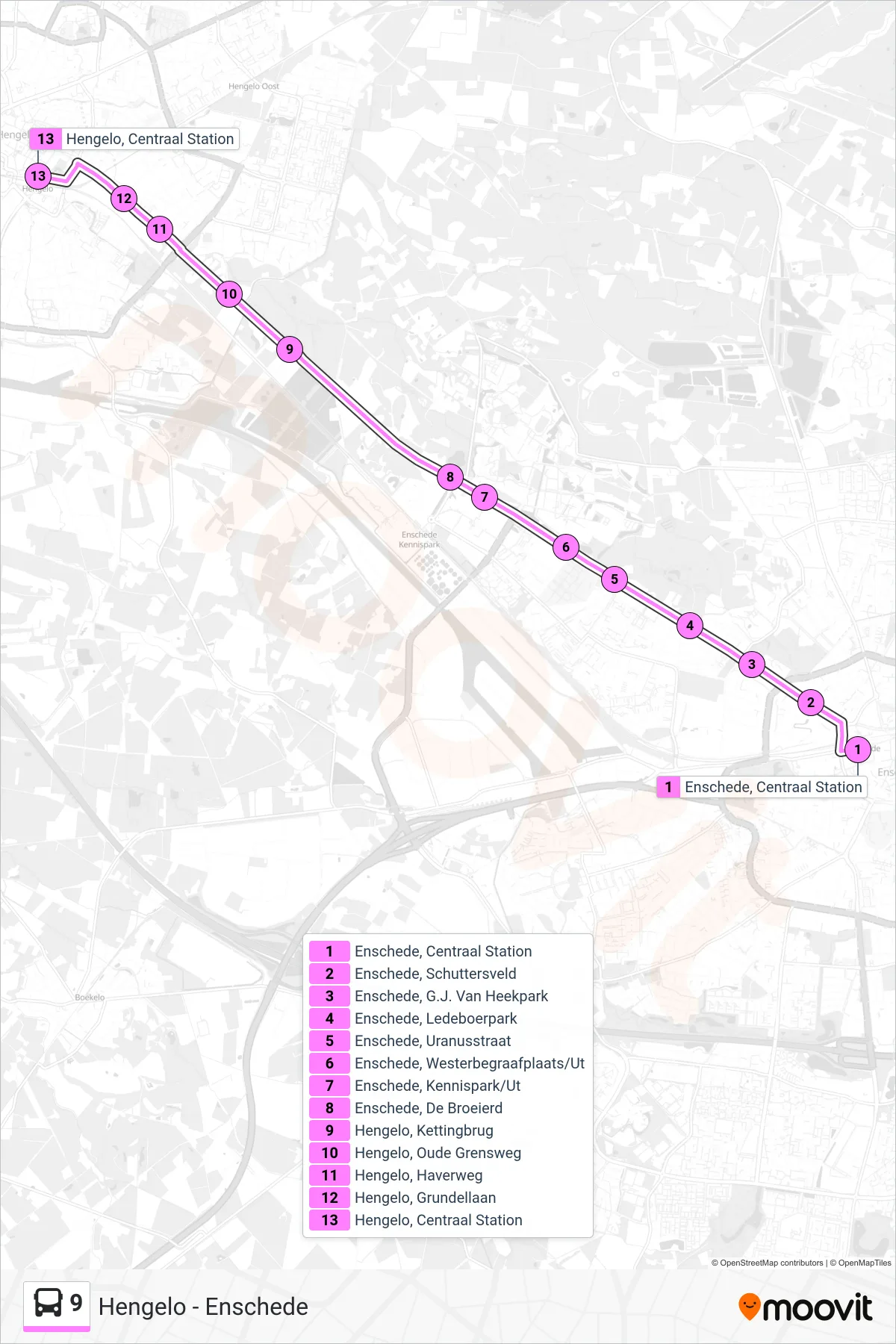 Lijn 9 (bus, Hengelo Cs): route en haltes op de kaart