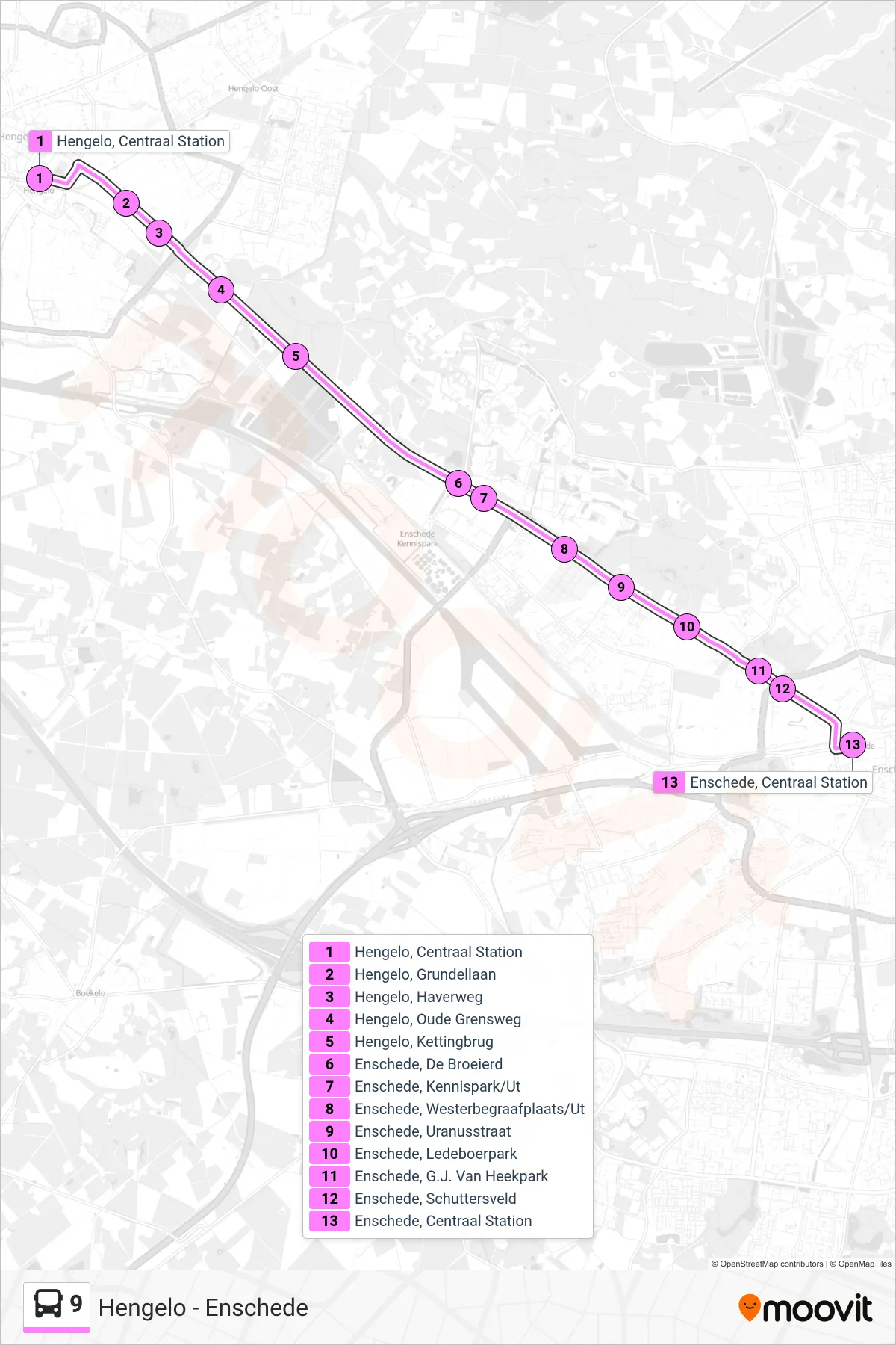 Lijn 9 (bus, Enschede Cs): route en haltes op de kaart