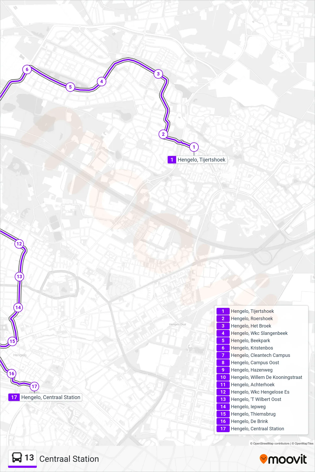 Lijn 13 (bus, Centraal Station): route en haltes op de kaart