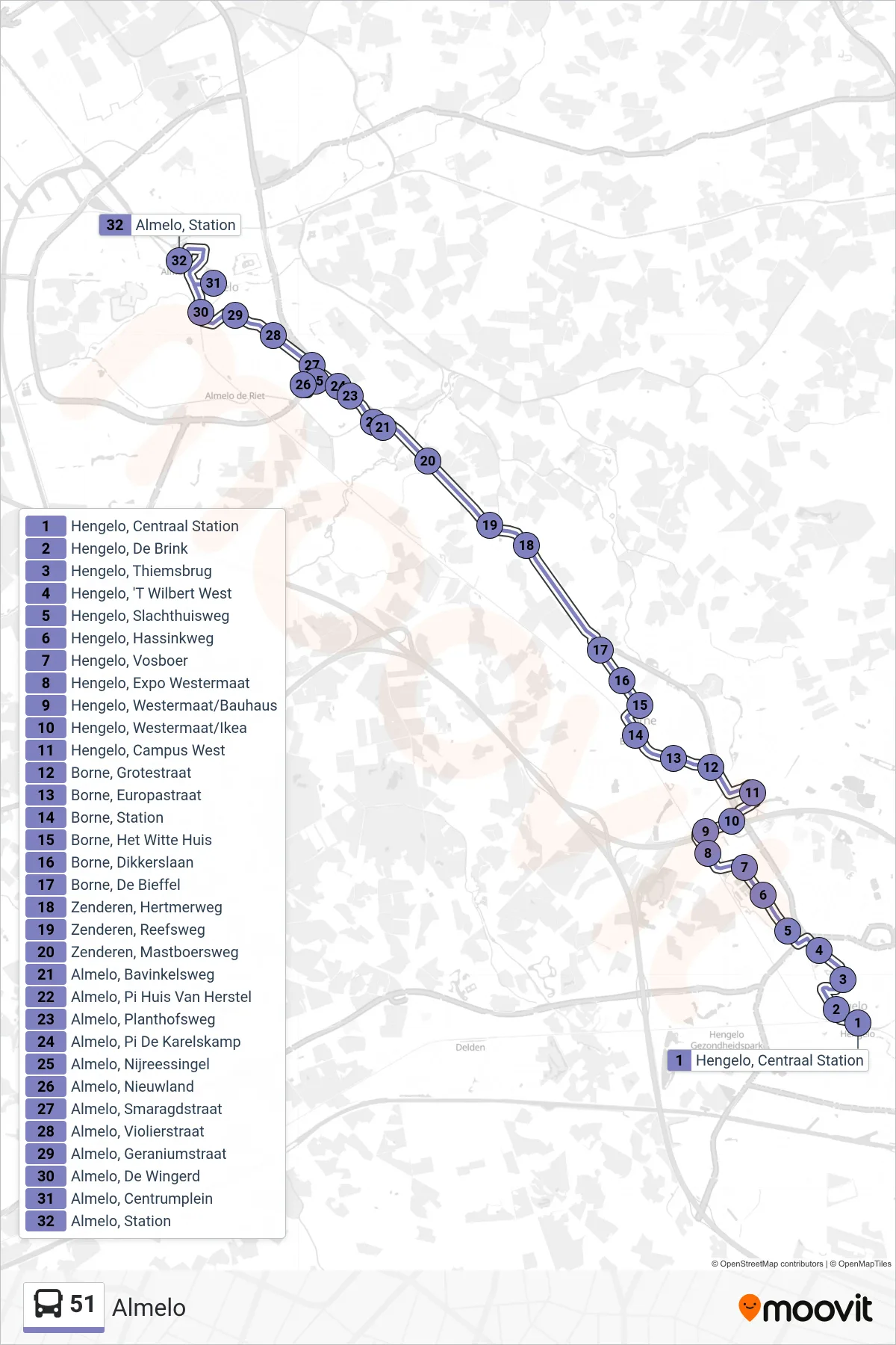 Lijn 51 (bus, Almelo): route en haltes op de kaart