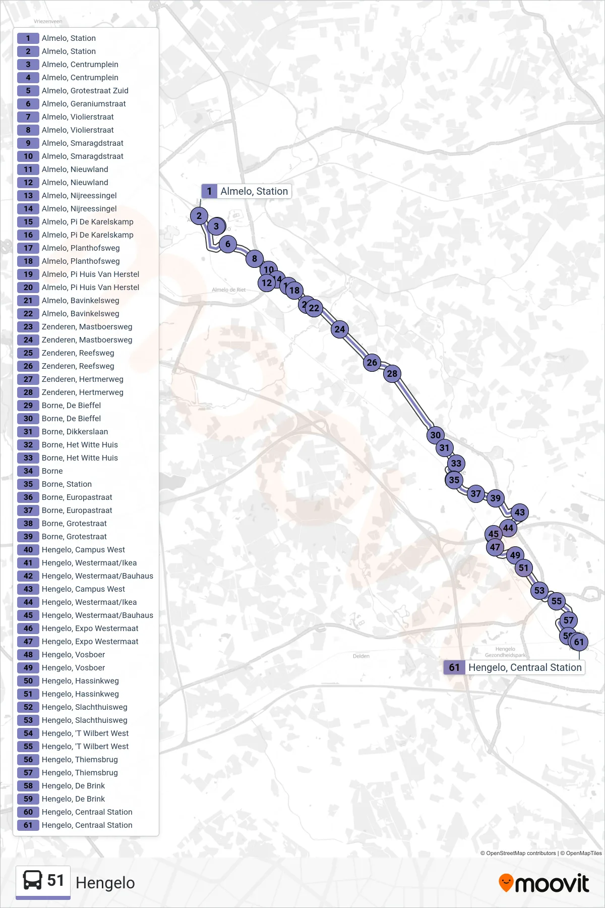 51 bus Line (Hengelo) route and stops on a map