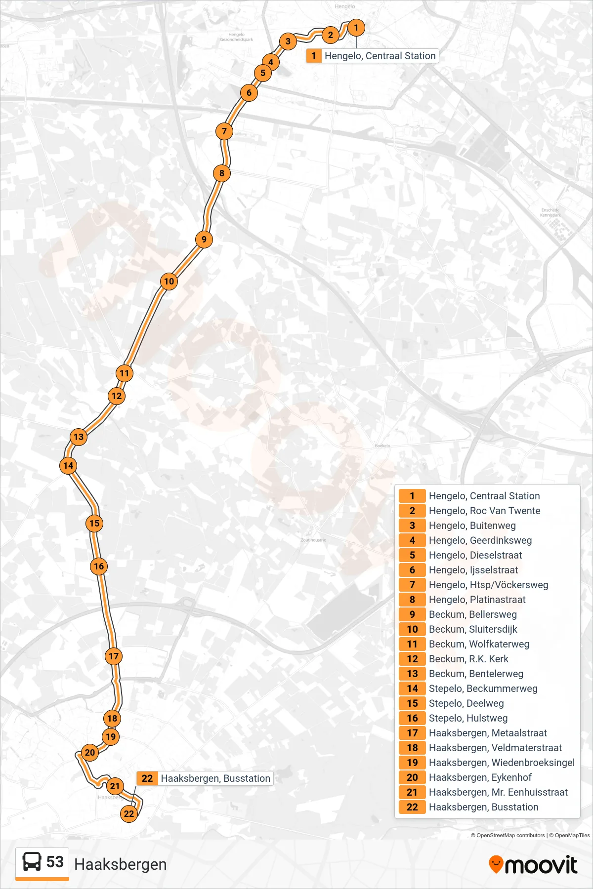 53 bus Line (Haaksbergen) route and stops on a map