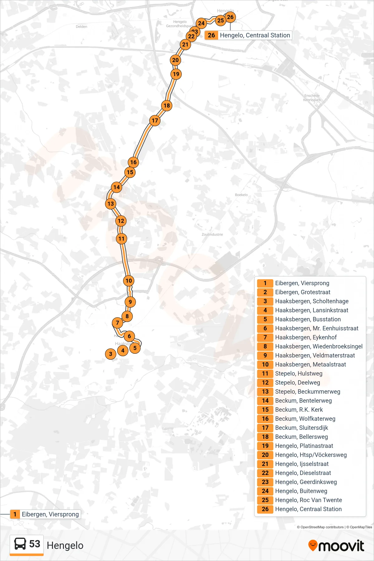 53 bus Line (Hengelo) route and stops on a map