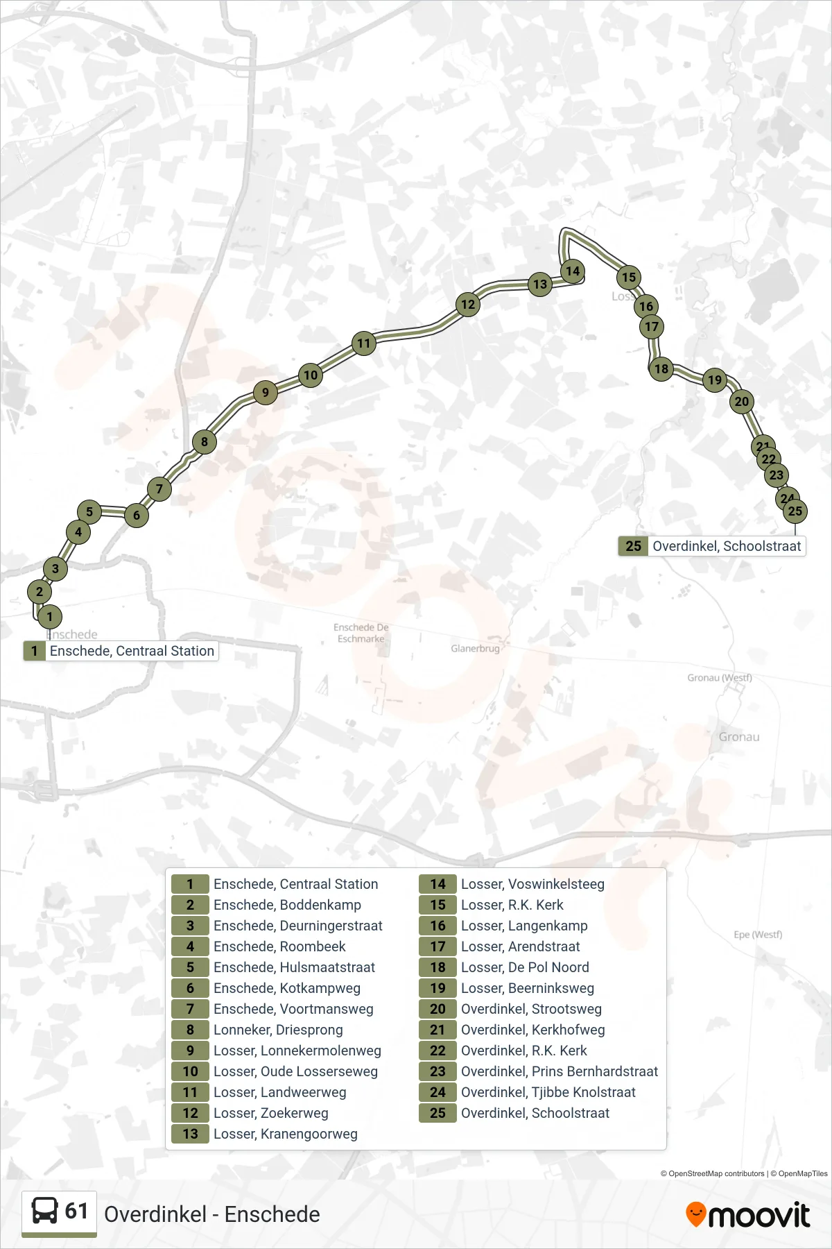 61 bus Line (Overdinkel) route and stops on a map