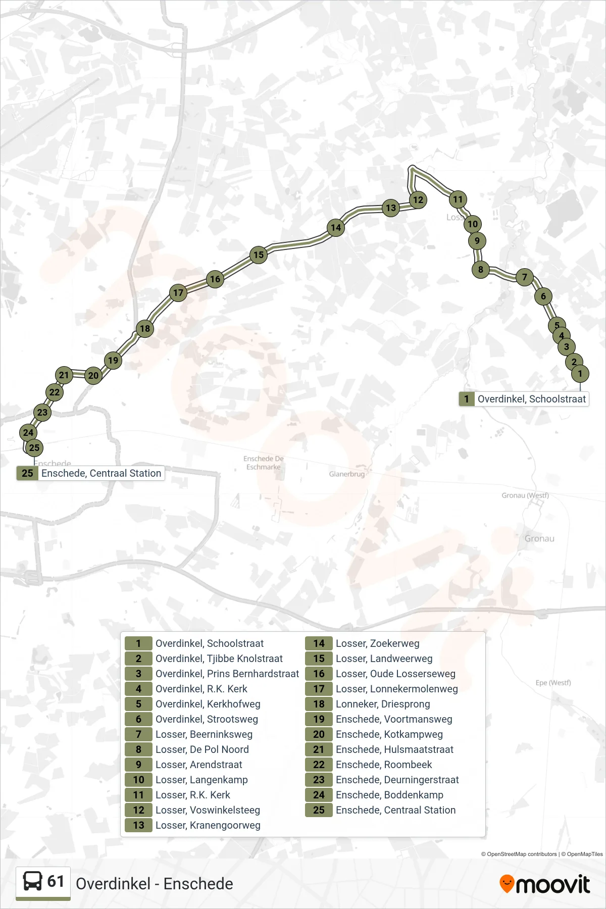Lijn 61 (bus, Enschede): route en haltes op de kaart