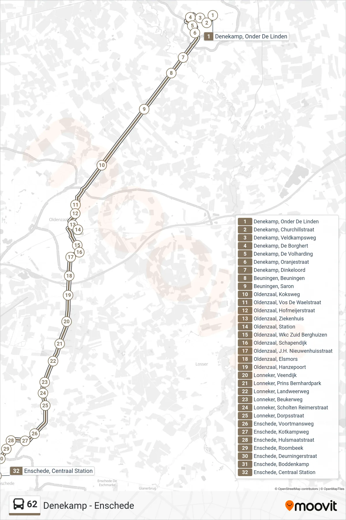 62 bus Line (Enschede) route and stops on a map