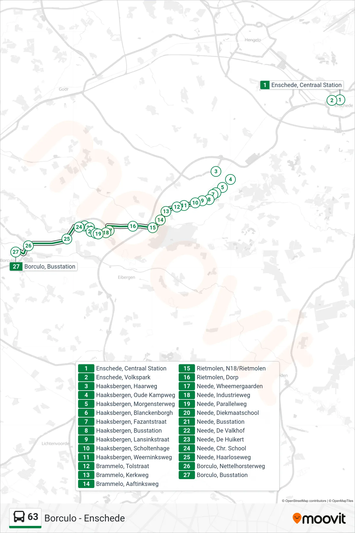Lijn 63 (bus, Borculo): route en haltes op de kaart