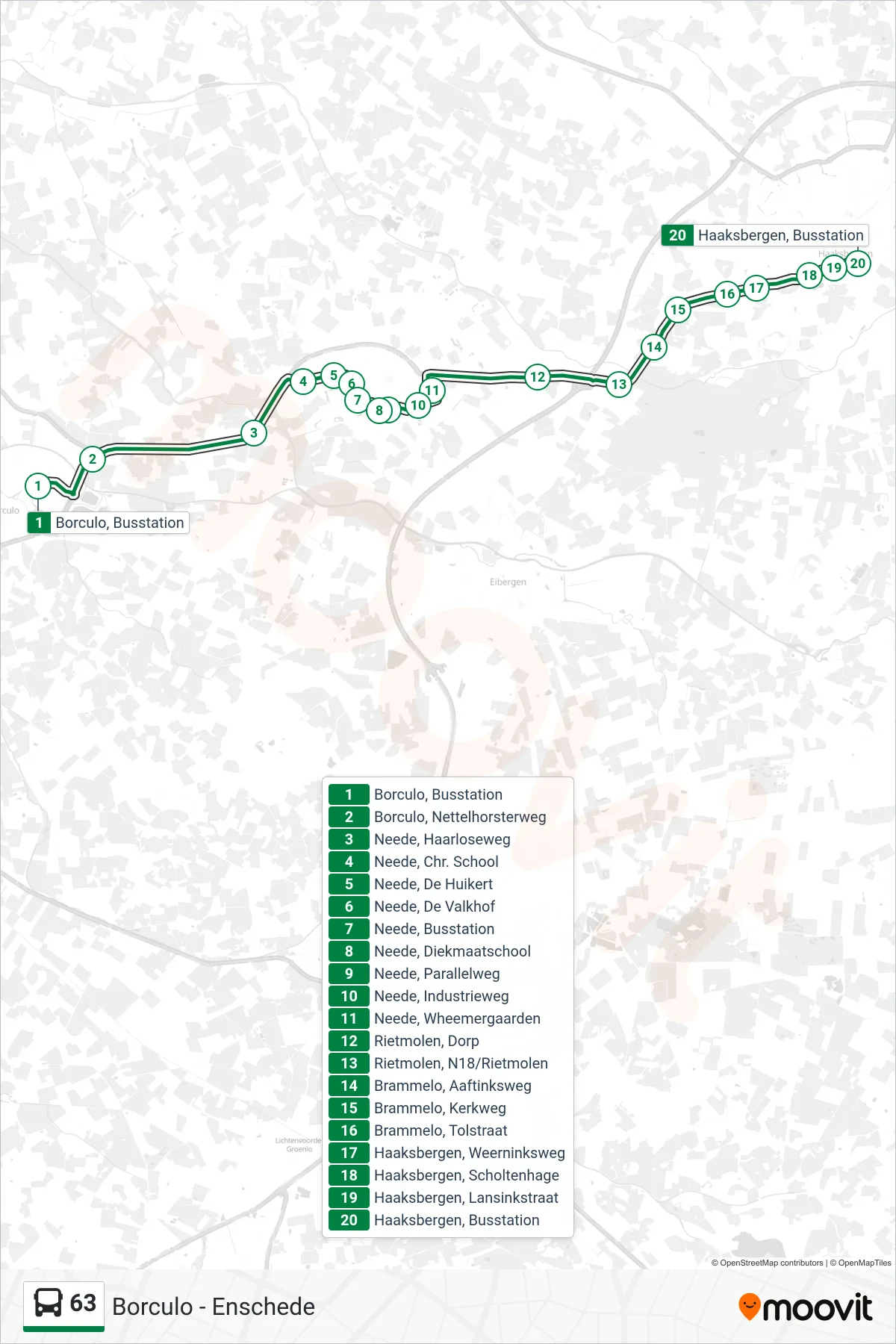 Lijn 63 (bus, Haaksbergen): route en haltes op de kaart