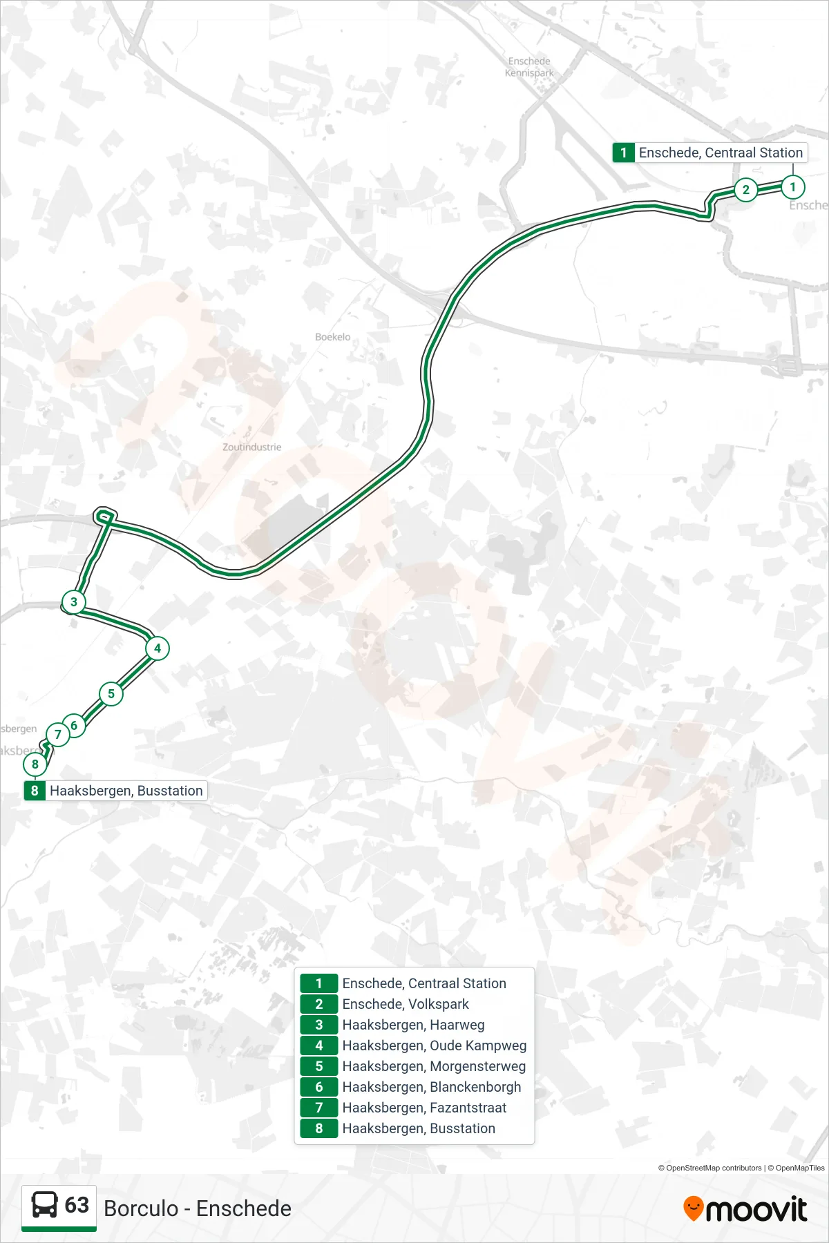 63 bus Line (Haaksbergen) route and stops on a map