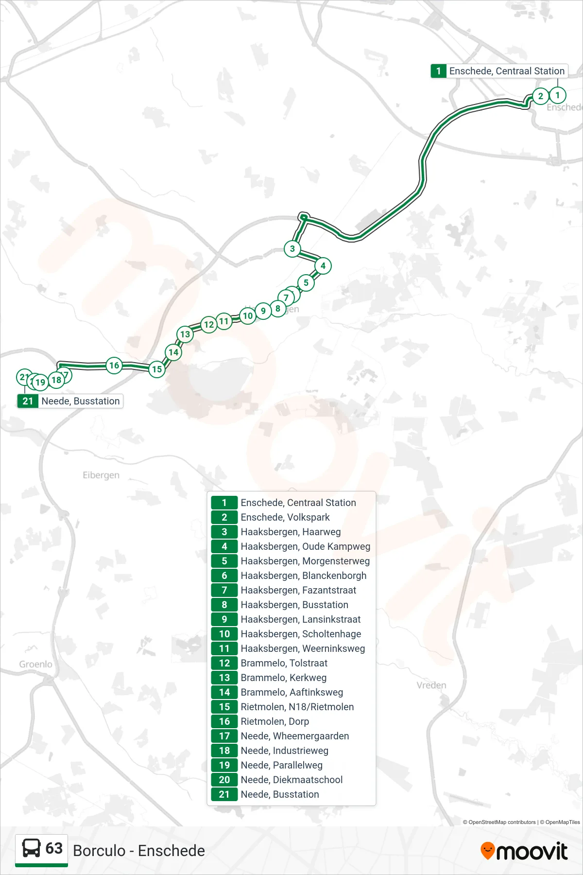 63 bus Line (Neede) route and stops on a map