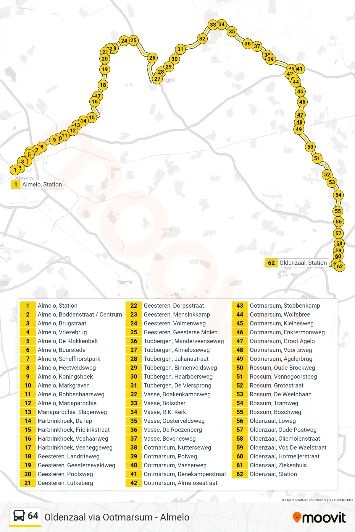 64 bus Line (Oldenzaal) route and stops on a map