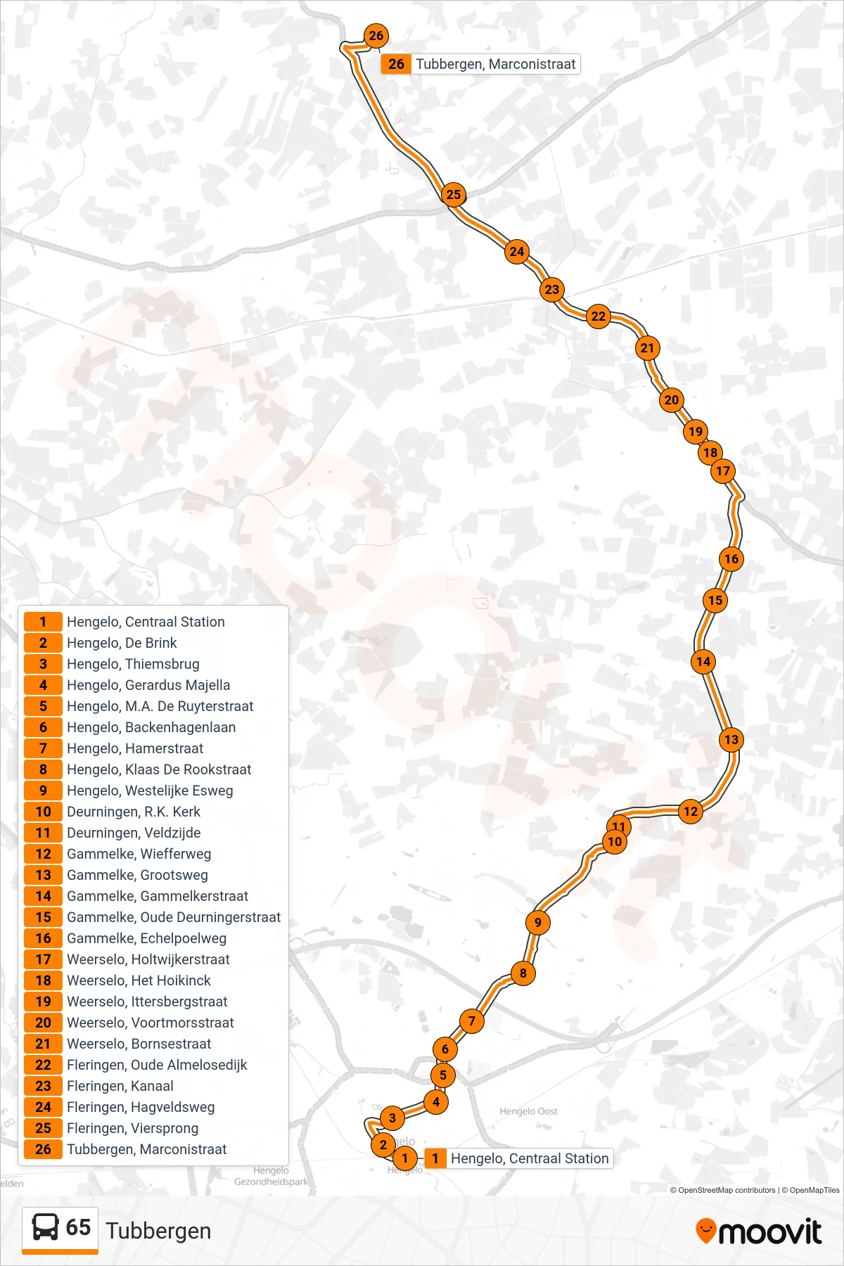 65 bus Line (Tubbergen) route and stops on a map