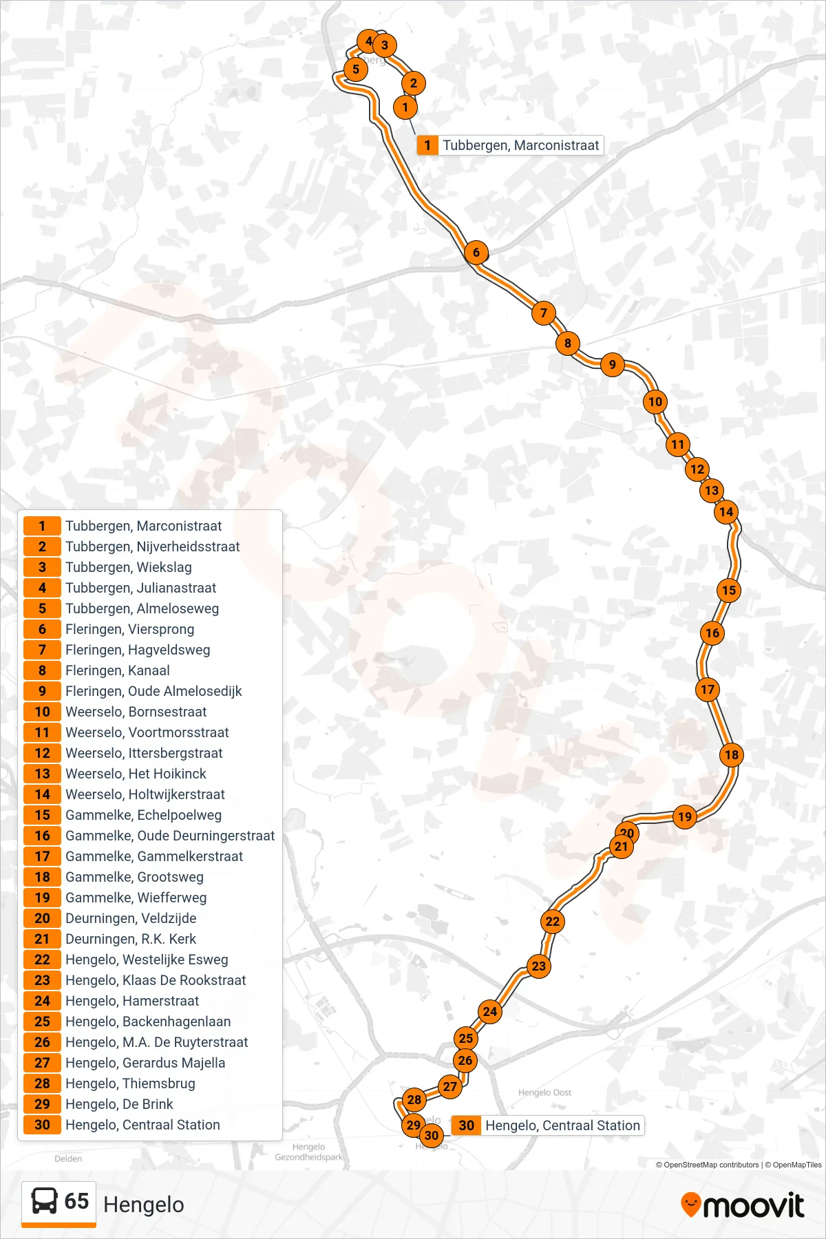 Lijn 65 (bus, Hengelo): route en haltes op de kaart