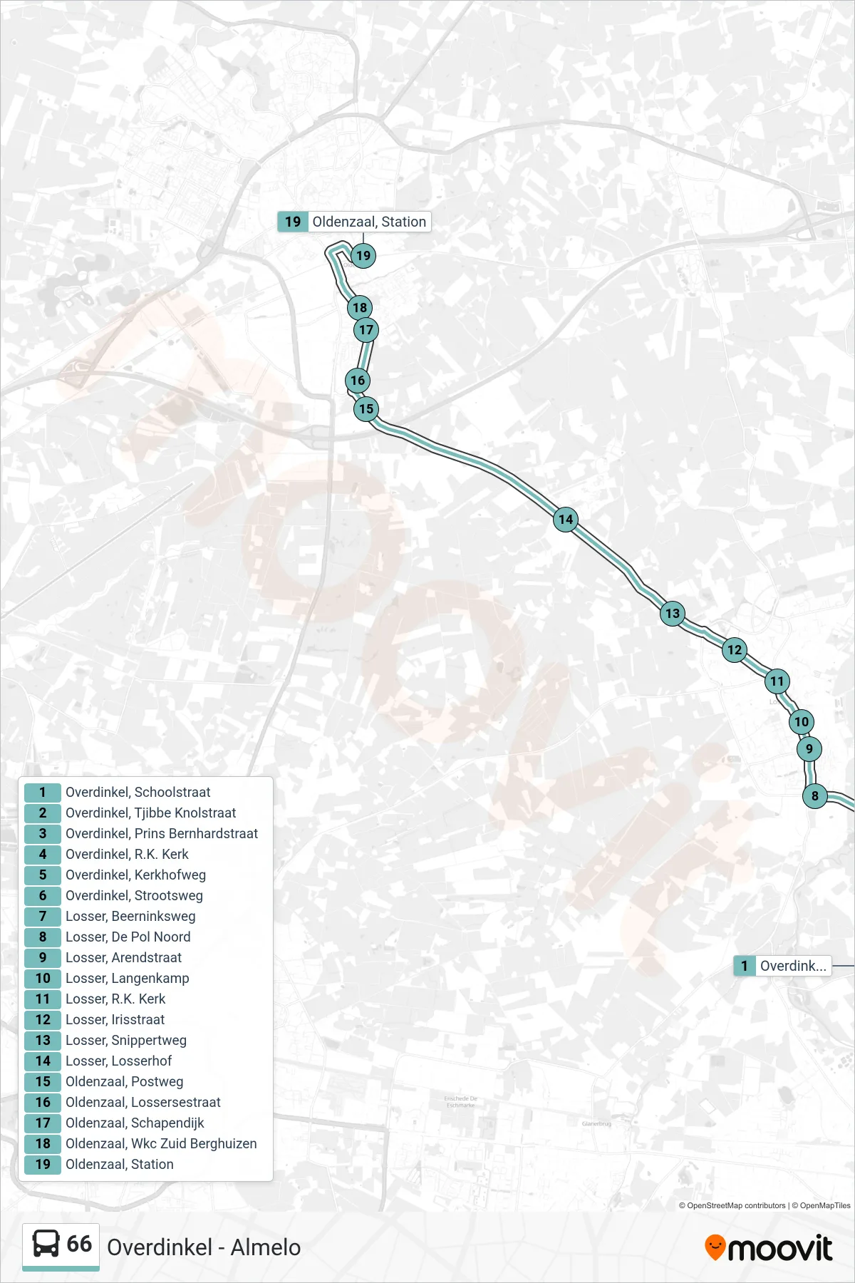 66 bus Line (Oldenzaal) route and stops on a map