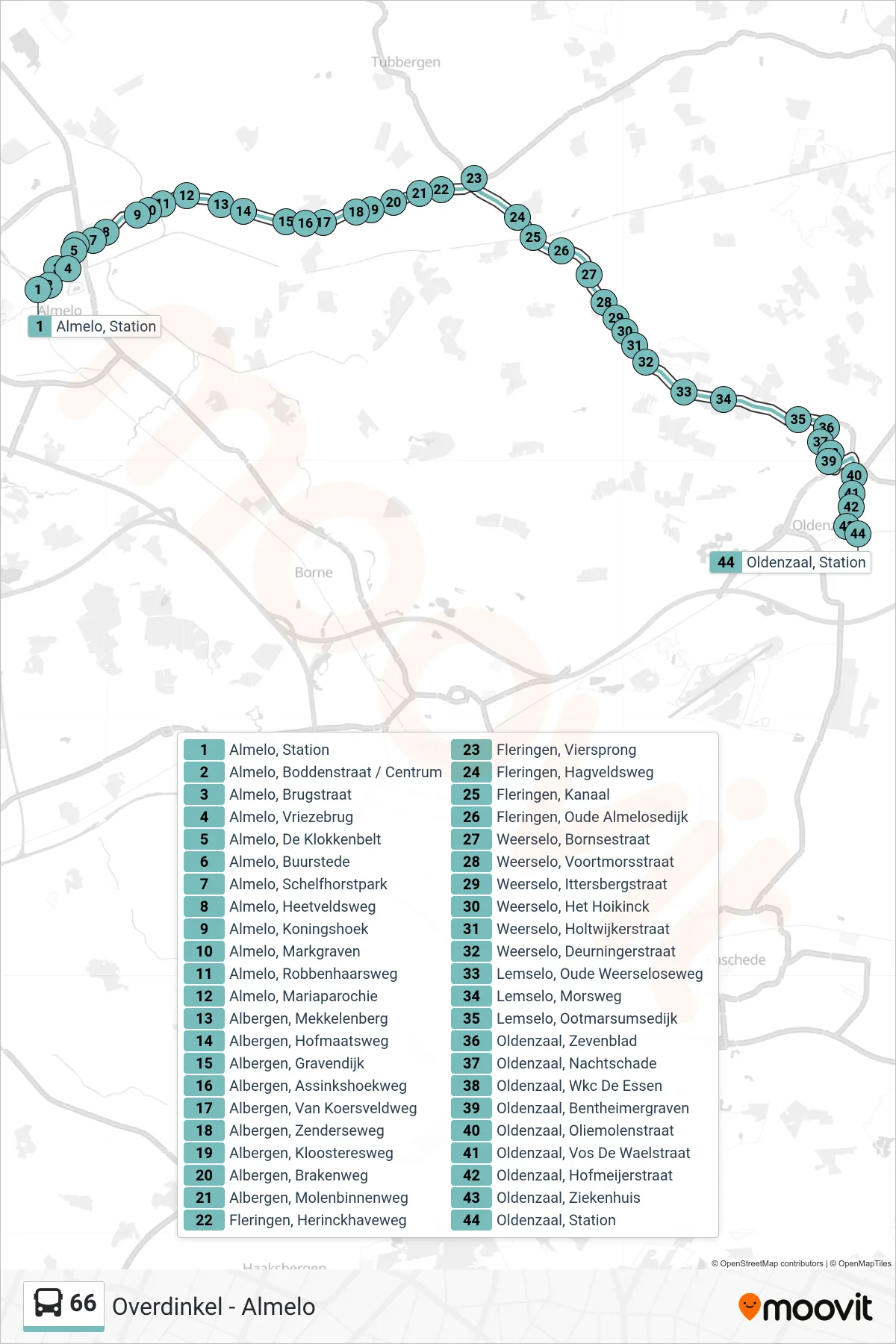 Lijn 66 (bus, Oldenzaal): route en haltes op de kaart