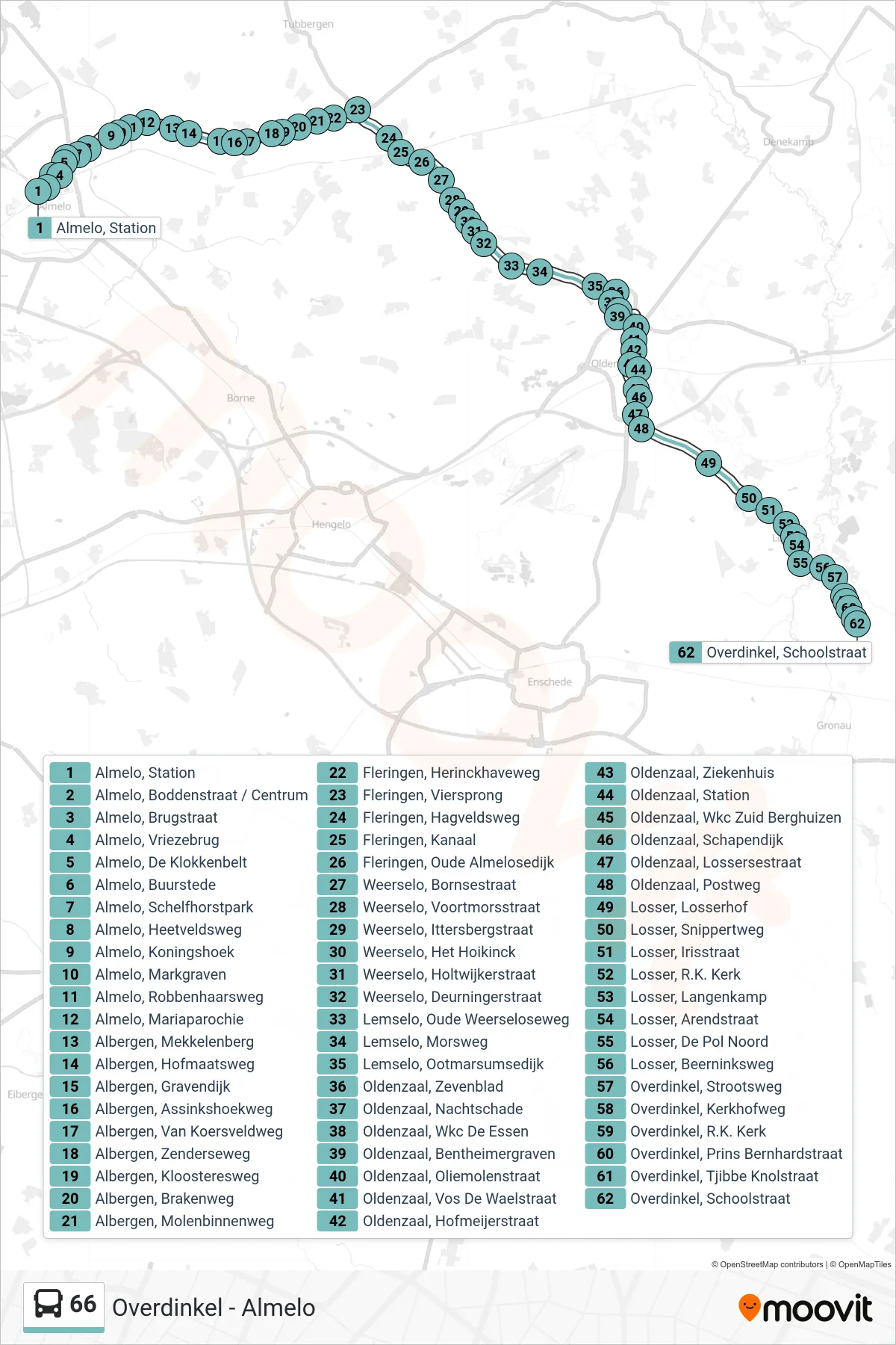 Lijn 66 (bus, Overdinkel): route en haltes op de kaart