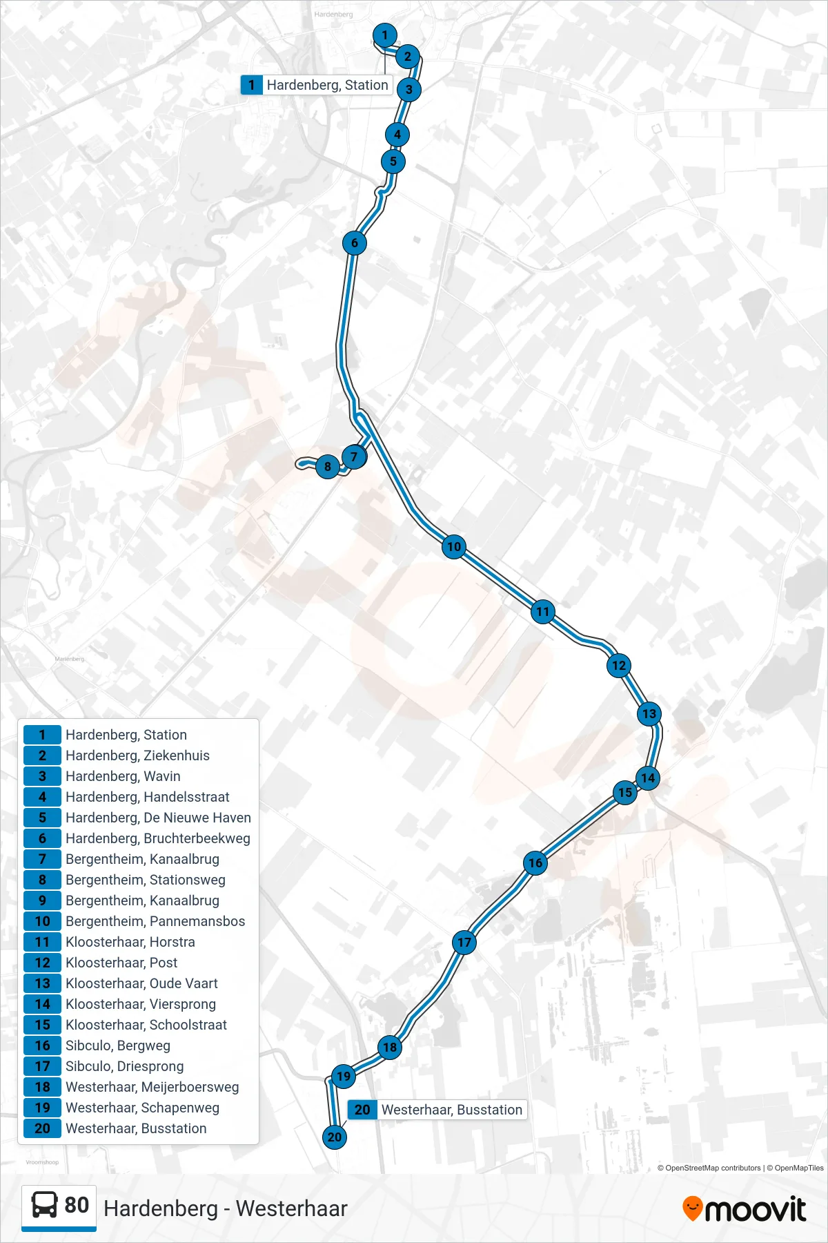 Lijn 80 (bus, Westerhaar): route en haltes op de kaart