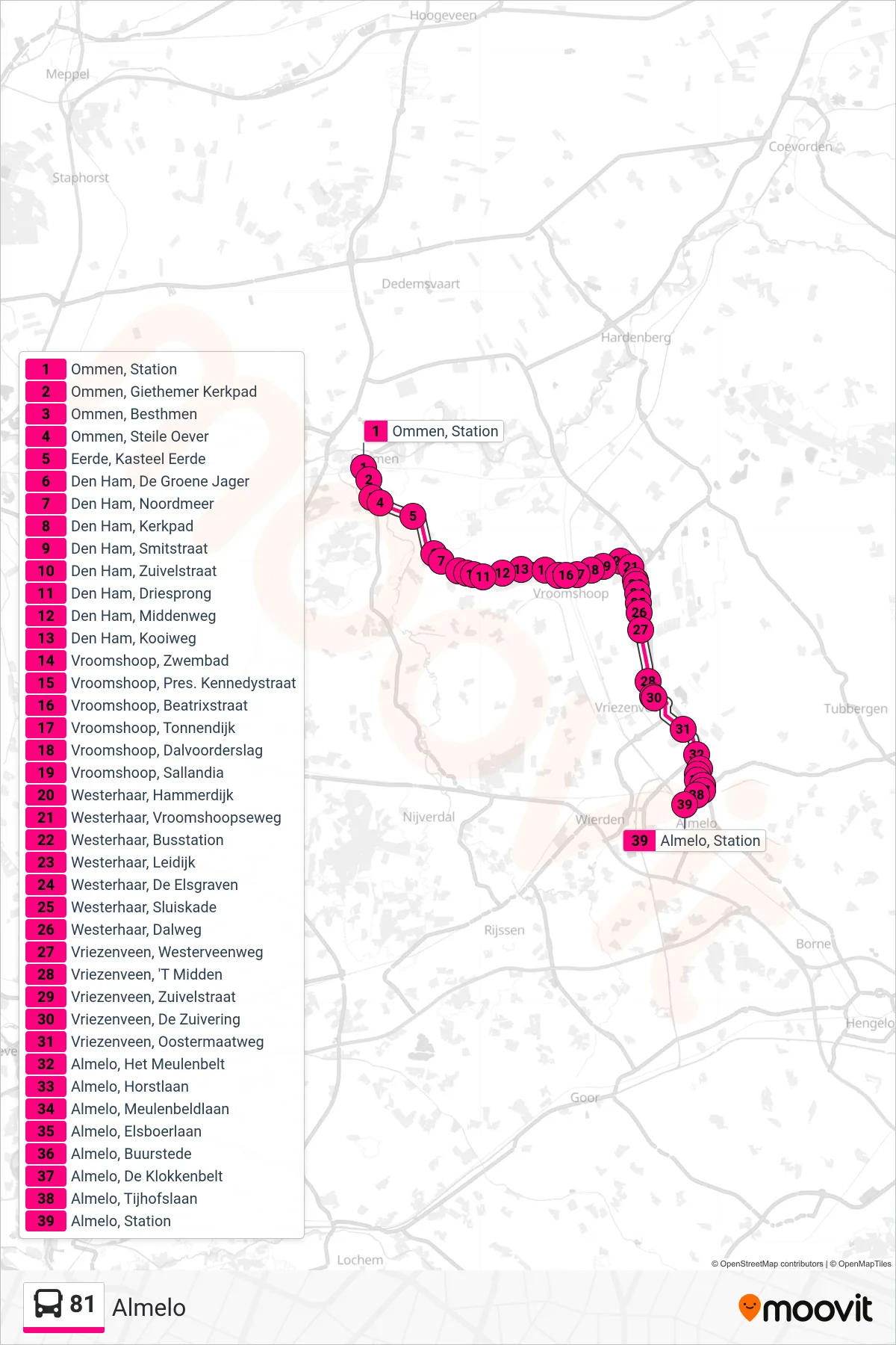 81 bus Line (Almelo) route and stops on a map