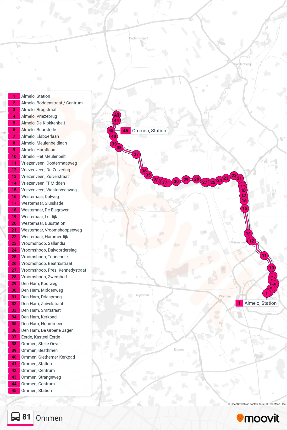 81 bus Line (Ommen) route and stops on a map