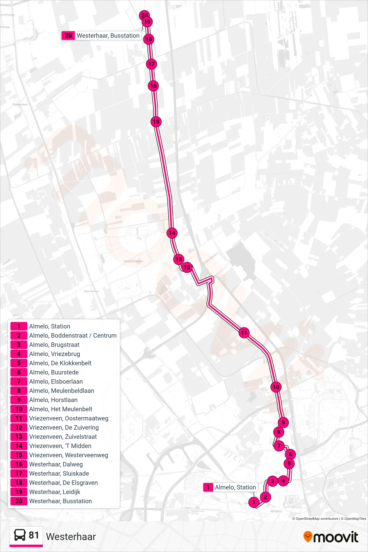 81 bus Line (Westerhaar) route and stops on a map