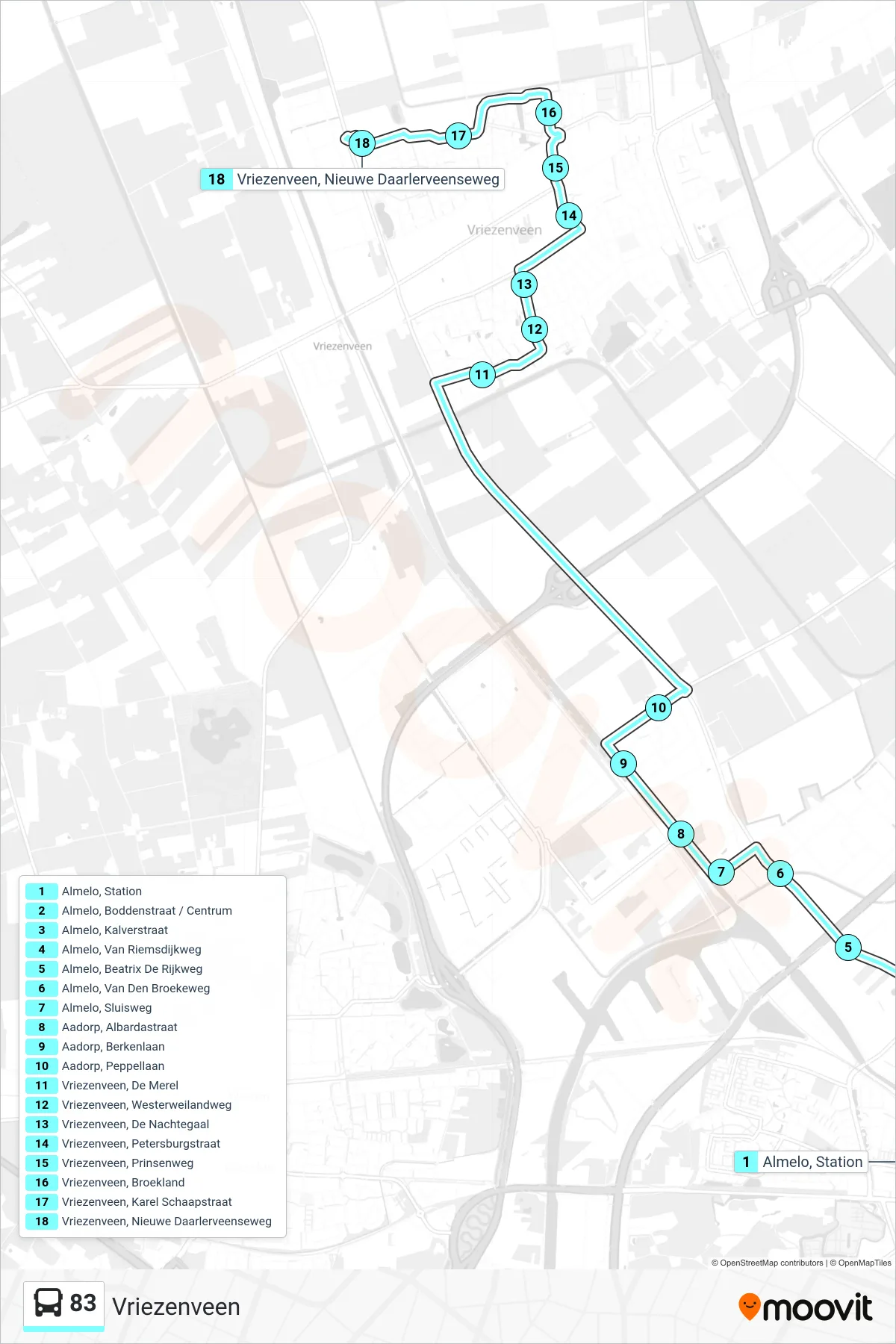 Lijn 83 (bus, Vriezenveen): route en haltes op de kaart